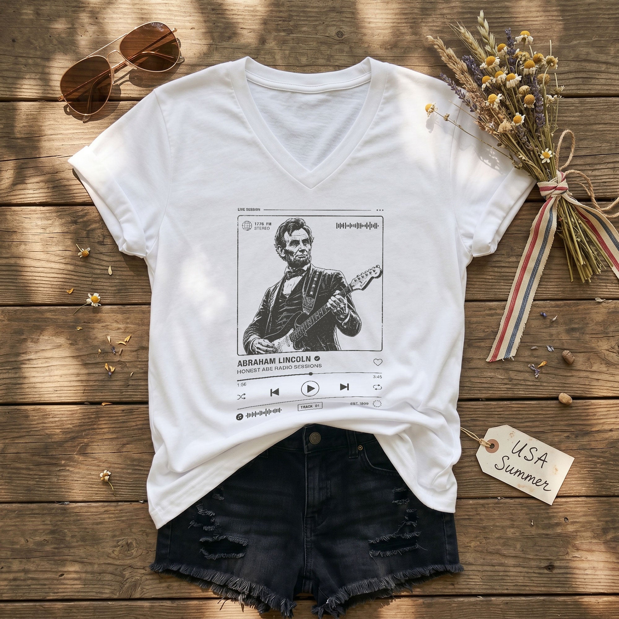 Abraham Lincoln Music Radio Session White V-neck Shirt - Vintage Graphic Apparel Tee