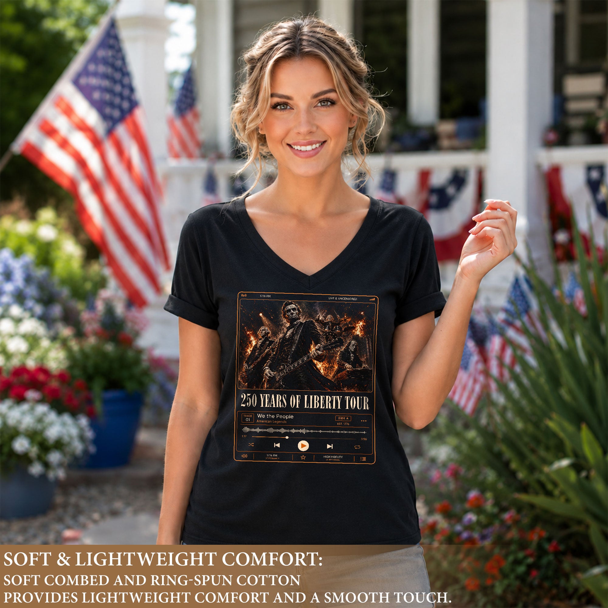 Historic Liberty Tour Rock Band V-neck Shirt - Patriotic American Graphic Apparel Tee