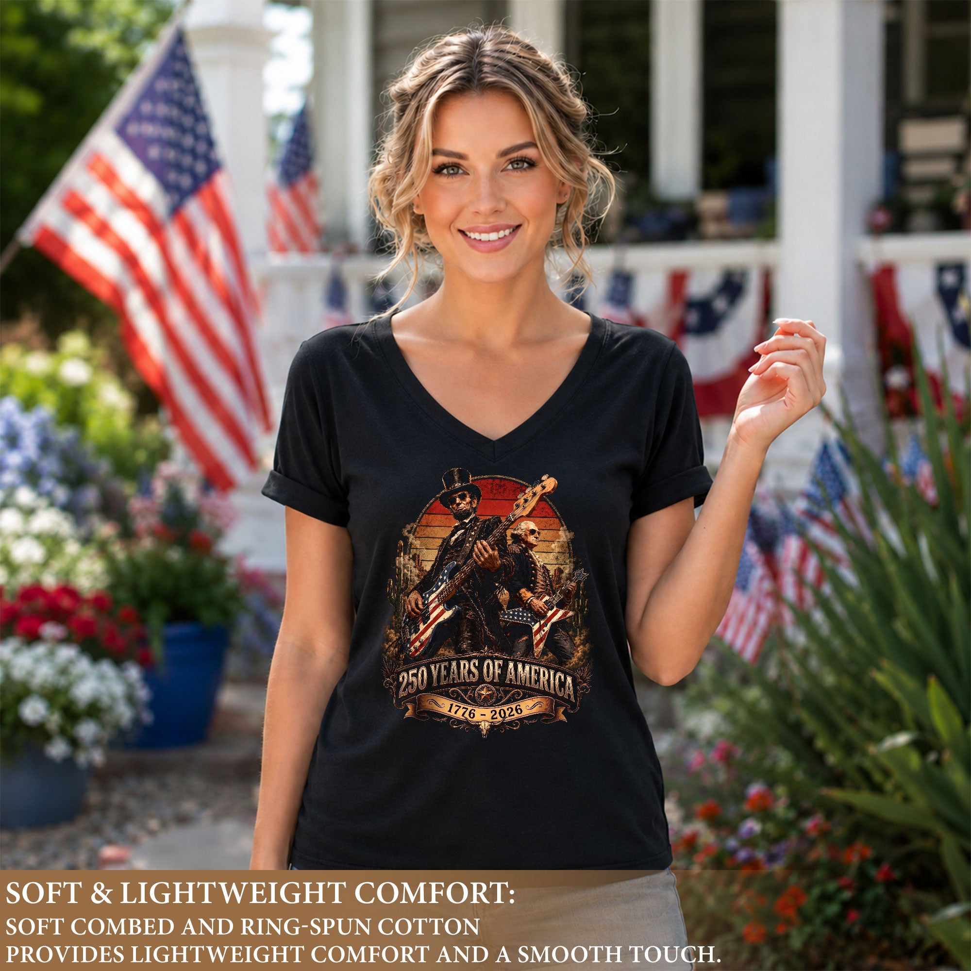 250 Years of America Rocking Icons V-neck Shirt - Vintage Patriotic Music Graphic Tee