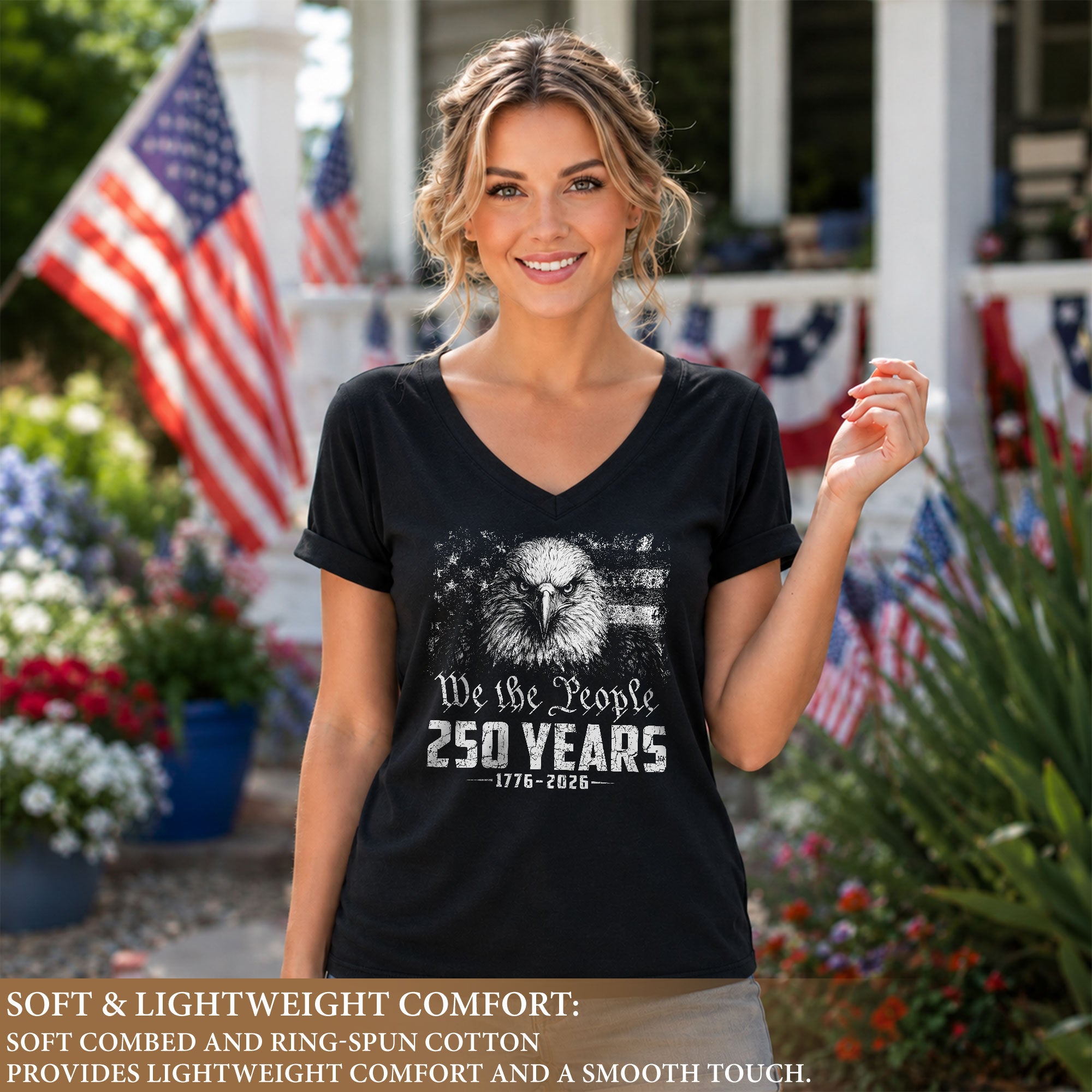 Women's V-Neck Graphic T-Shirt Eagle 1776-2026 Patriotic Design We The People Top - Rust Field Wear