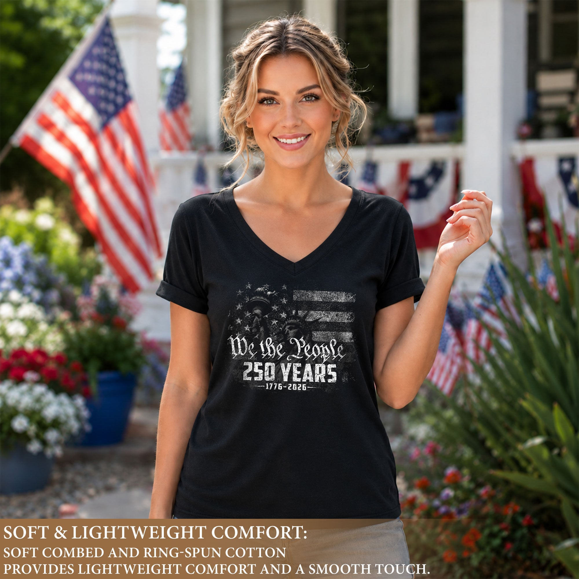 Women's Statue of Liberty V-Neck Tee "We The People" 1776-2026 Patriotic Apparel - Rust Field Wear
