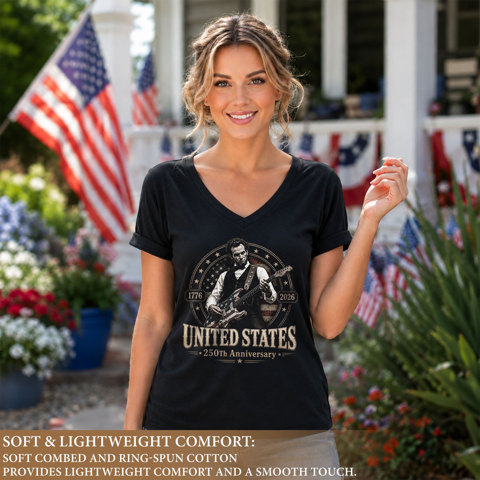Lincoln Guitarist 1776-2026 Patriotic V-Neck Shirt - Women's Graphic Summer Apparel