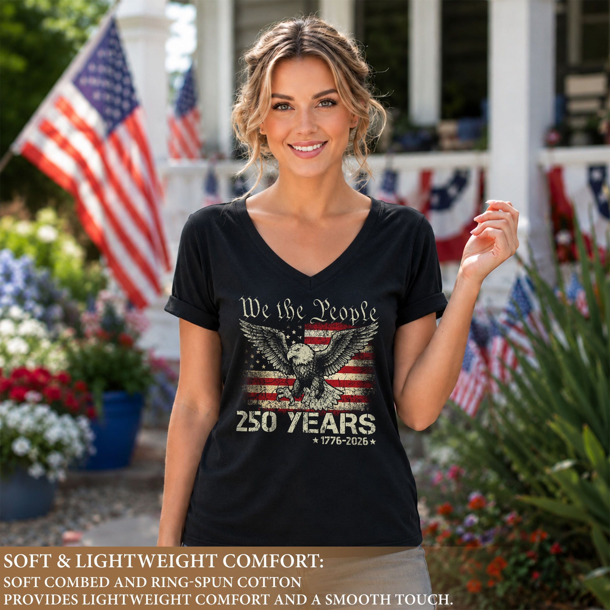 Patriotic We The People Eagle V-Neck T-Shirt Women 1776-2026 Historical Graphic Top - Rust Field Wear