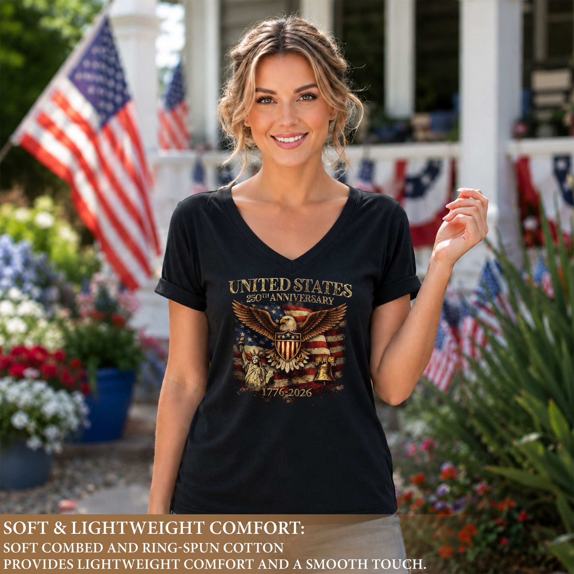 Women's V-Neck Graphic T-Shirt Eagle Statue of Liberty 1776-2026 Patriotic Apparel - Rust Field Wear