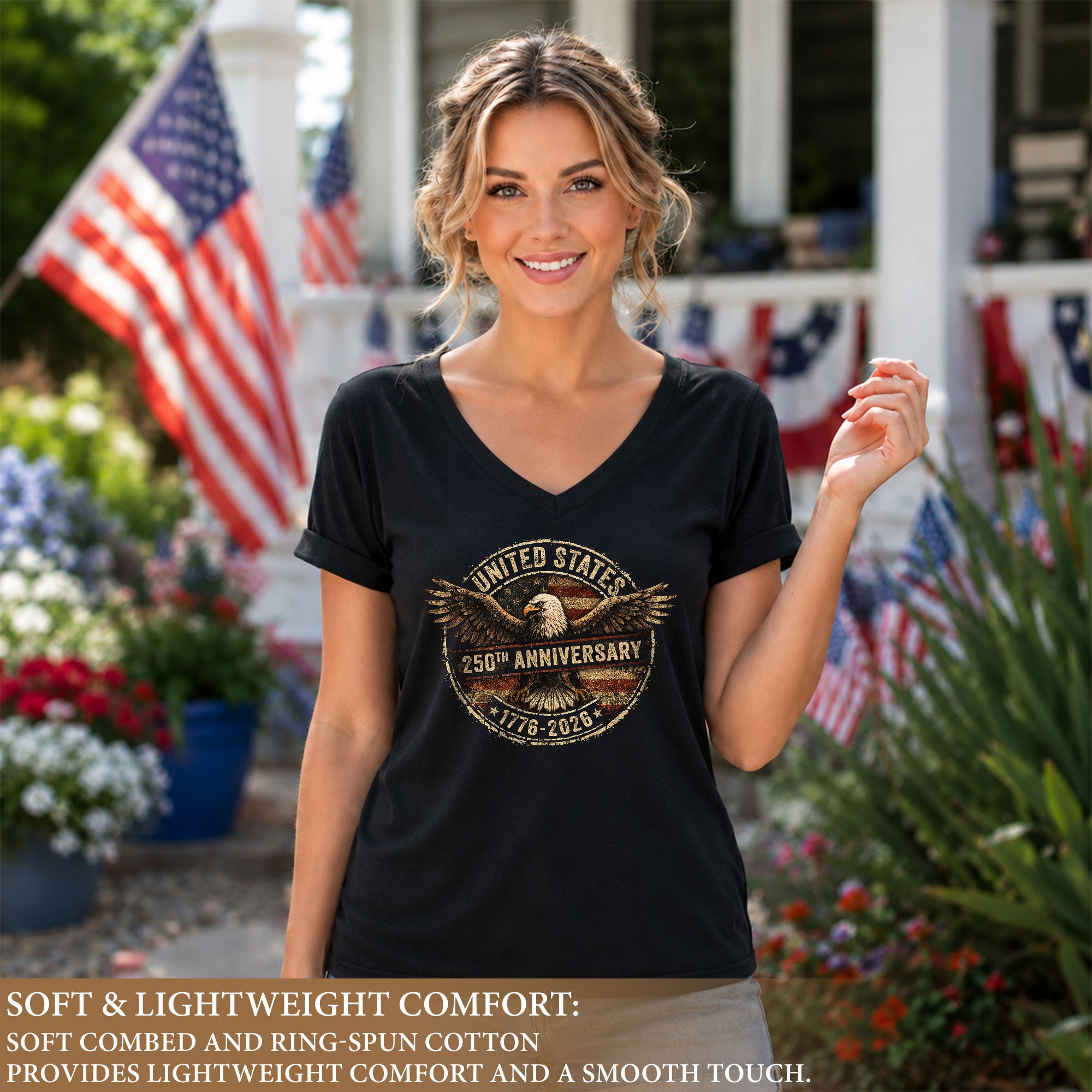 Women's V-Neck Patriotic Graphic Tee United States Eagle 1776-2026 Historical Shirt - Rust Field Wear