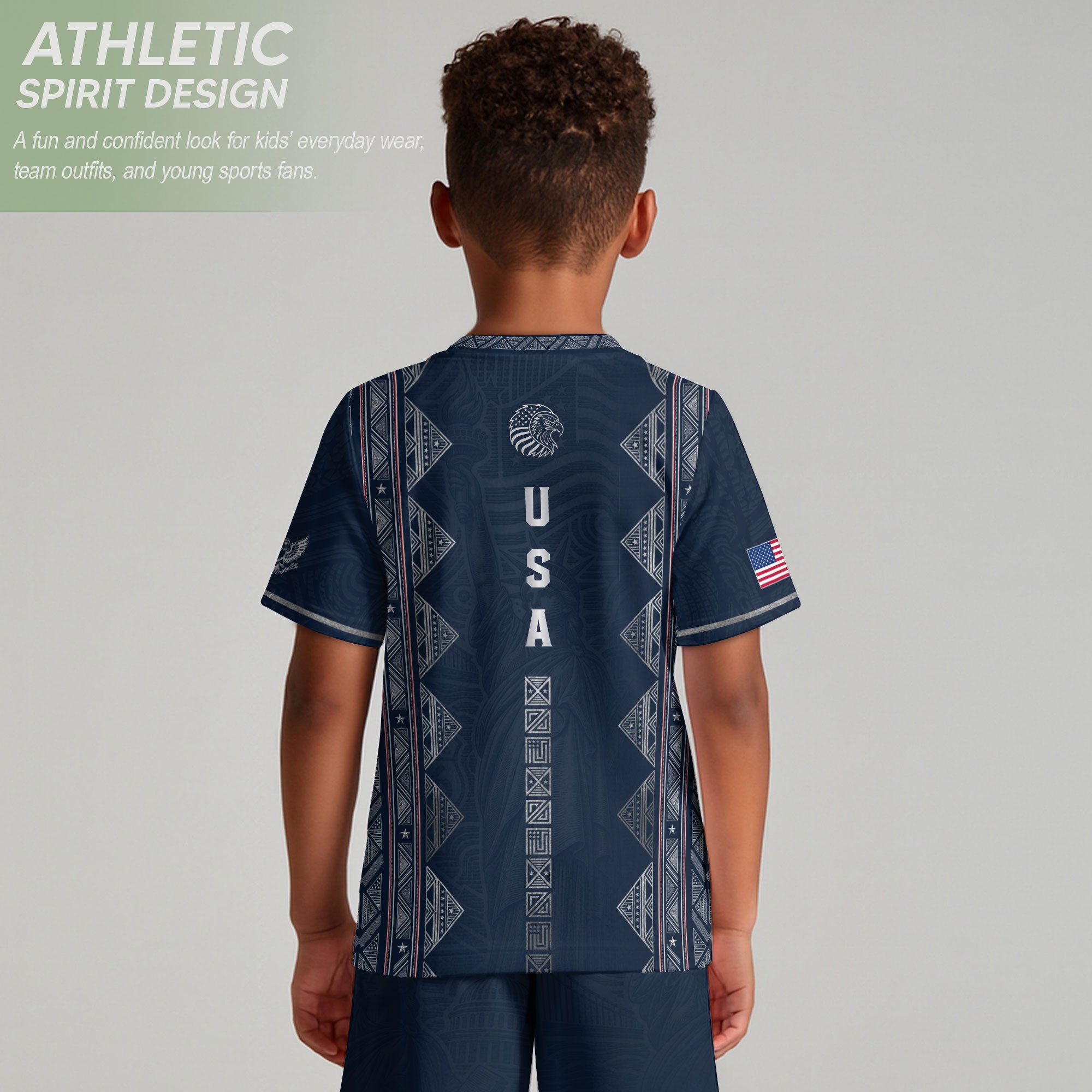 Youth Blue USA Football Jersey Breathable Patriotic Statue Liberty Design Fan Tee