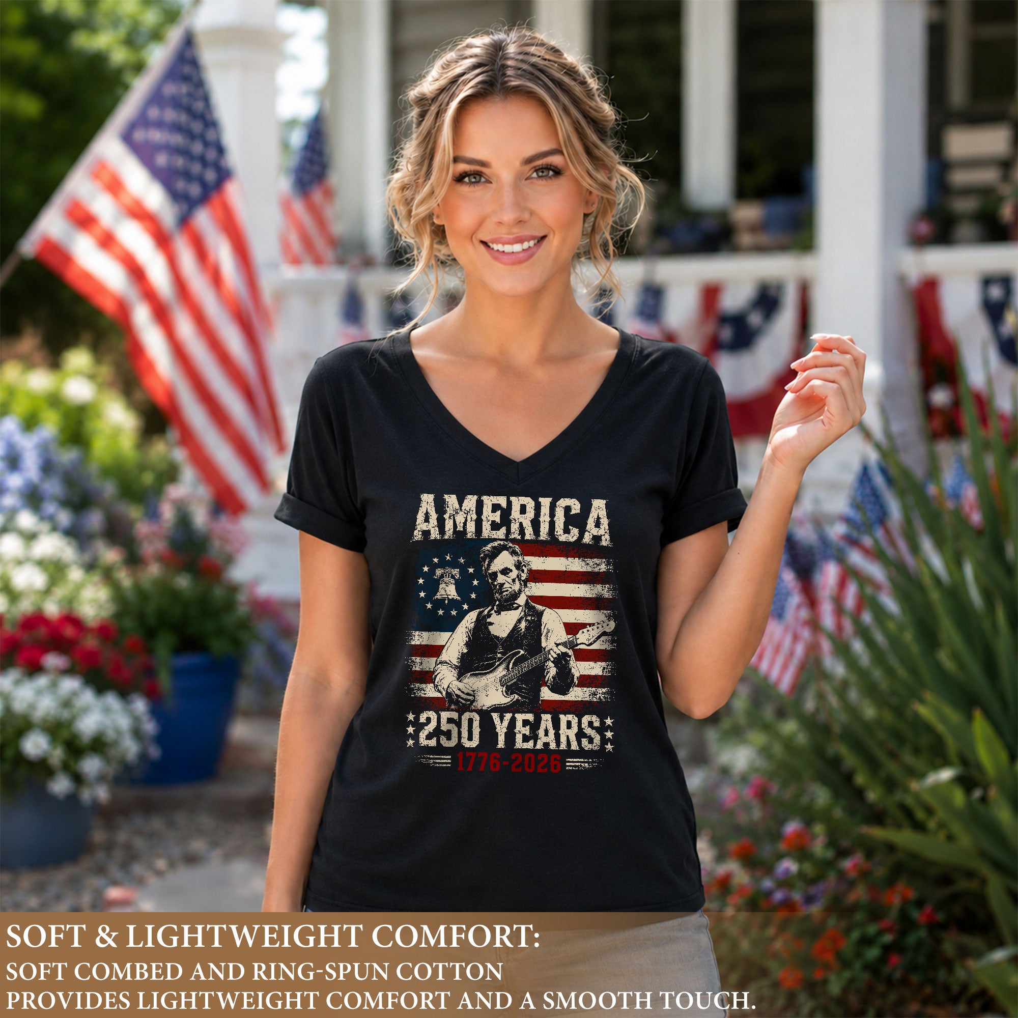 Liberty Bell Lincoln V-Neck Shirt Vintage 1776-2026 250 Years Patriotic Women Tee