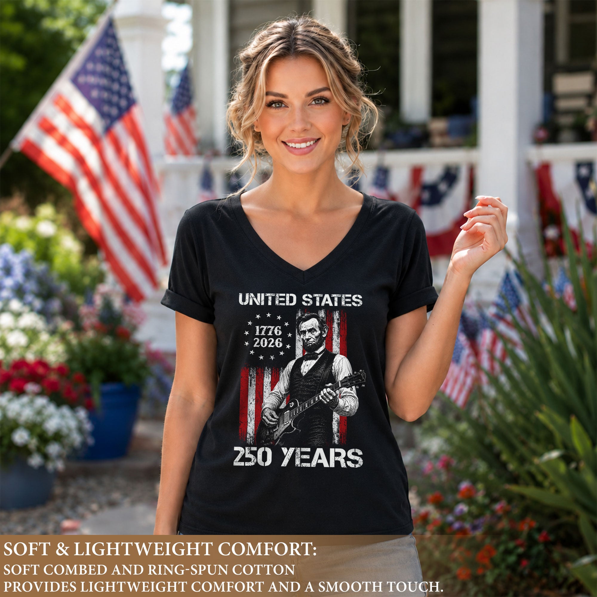 Patriotic Lincoln Flag V-Neck Shirt Vintage 1776-2026 250 Years Freedom Womens Tee