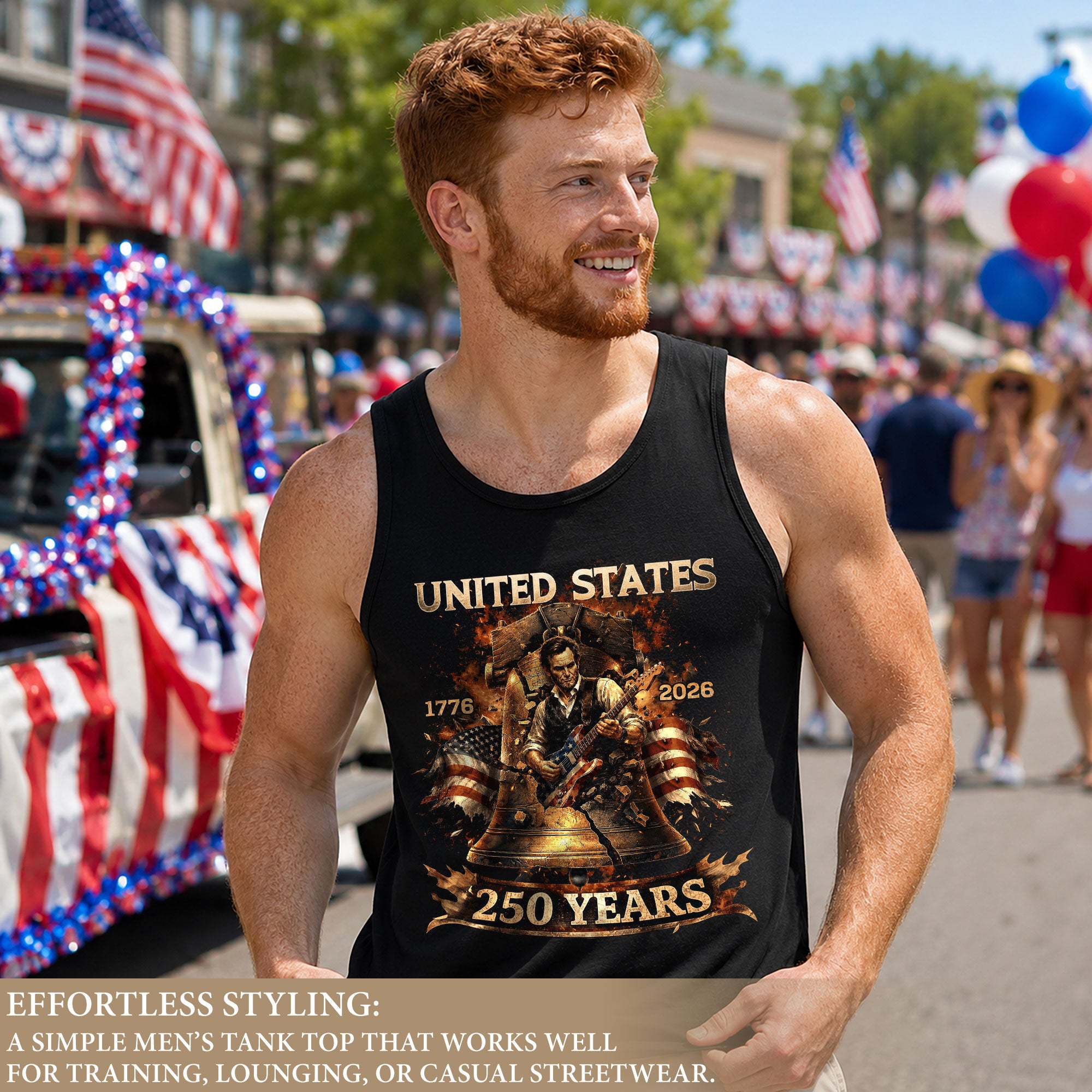 Men's Tank Top Patriotic Guitarist Bell Graphic 1776-2026 Historical Style Sleeveless Tee