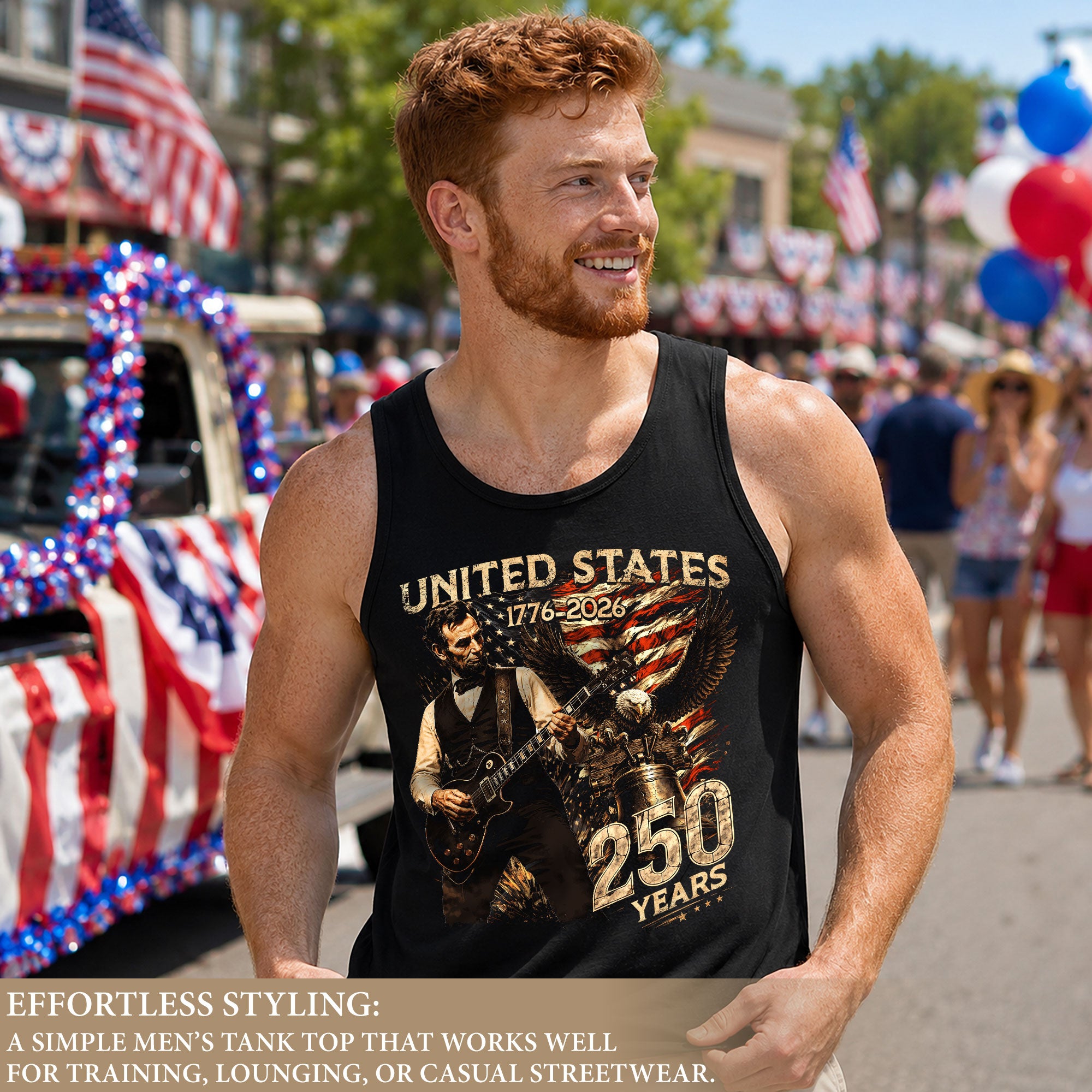 Men's Patriotic Tank Top Abraham Lincoln Guitar Graphic 1776-2026 Historical Style Tee