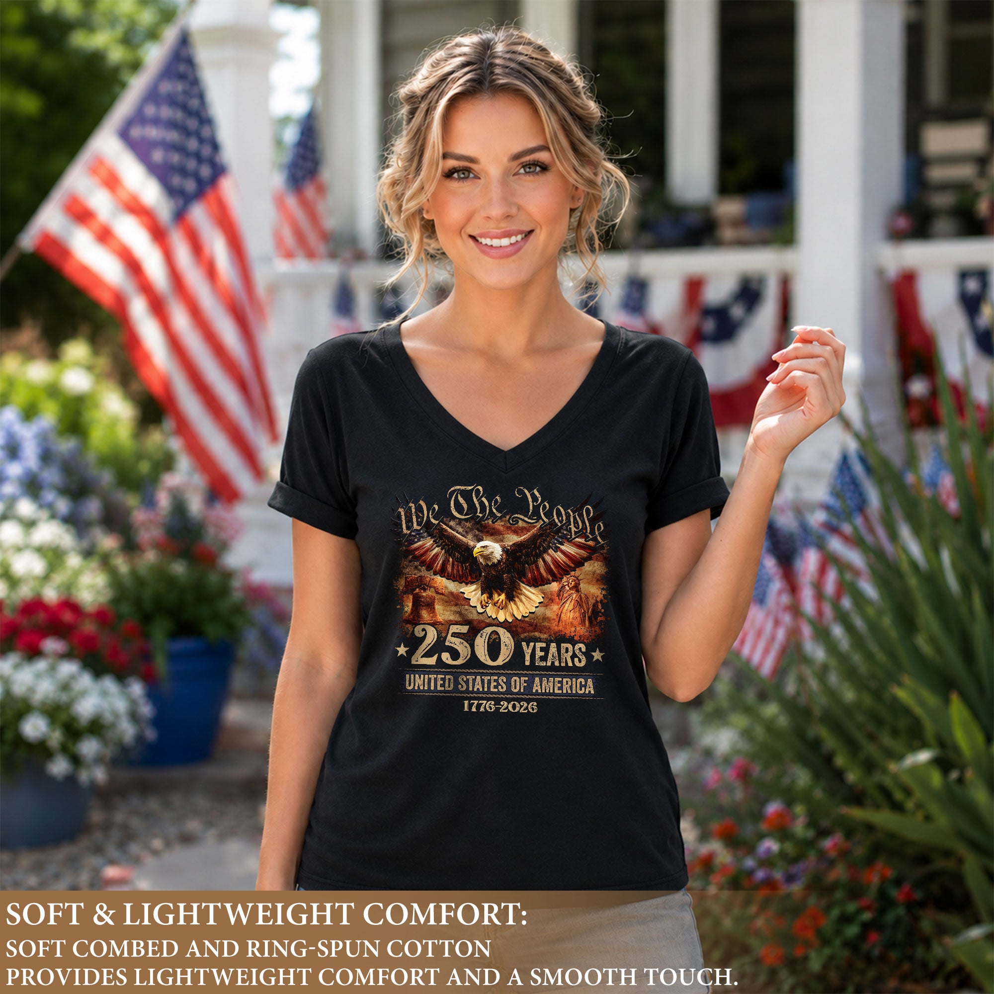 Patriotic Eagle Liberty Bell V-Neck Shirt Vintage 1776-2026 America 250 Years Tee