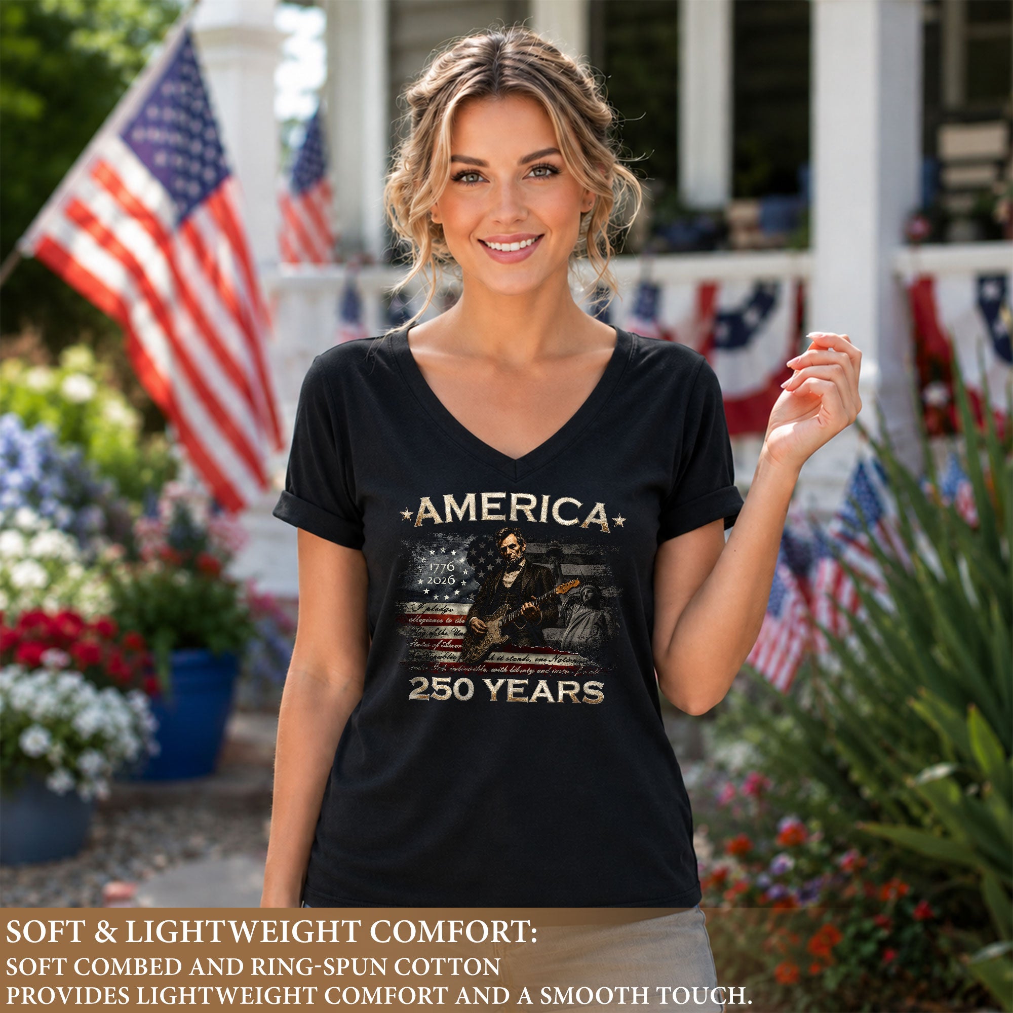 America 250 Years V-Neck T-Shirt Lincoln Guitar Patriotic USA 1776-2026 Tee