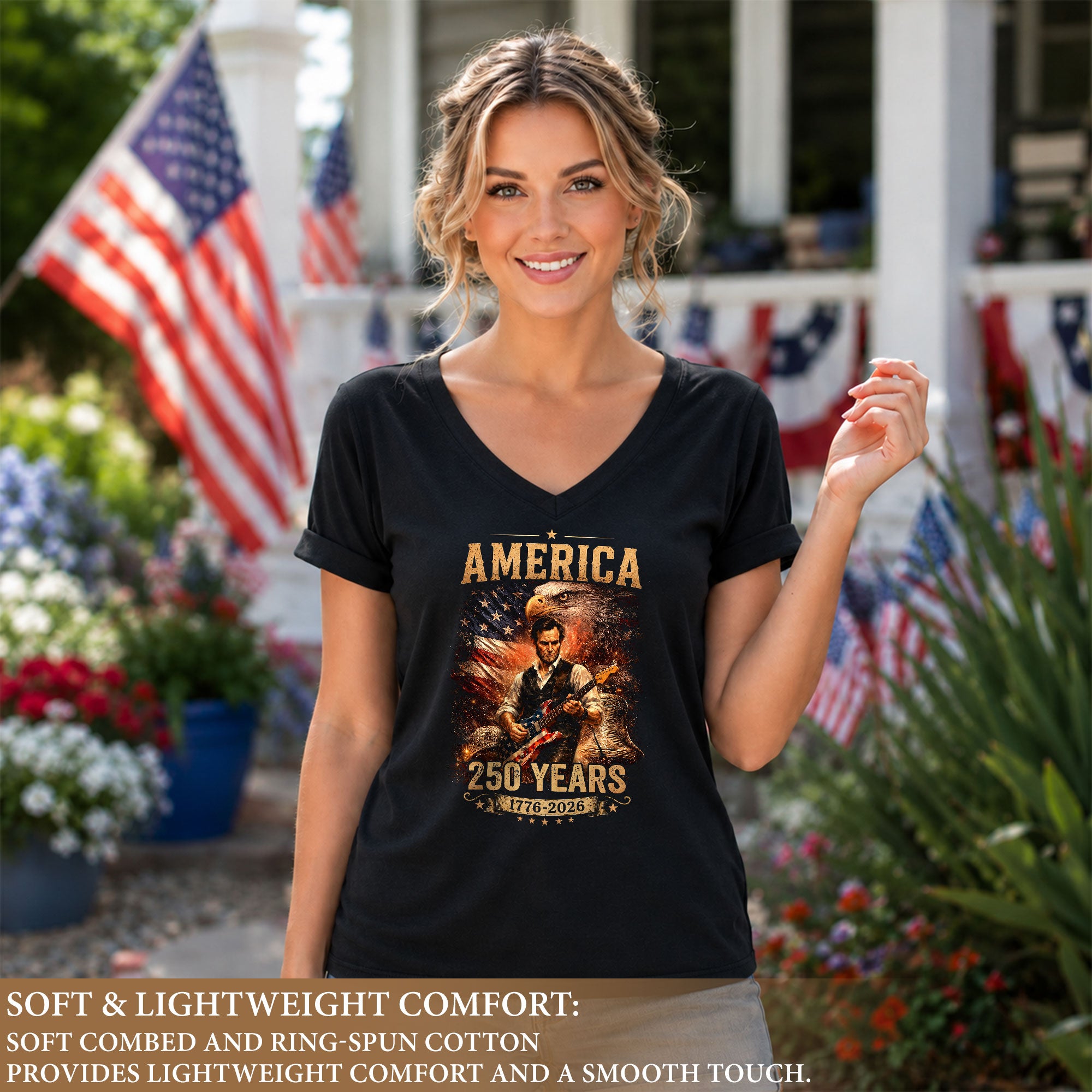 America 250 Years V-Neck T-Shirt Eagle Lincoln Guitar Patriotic USA 1776-2026