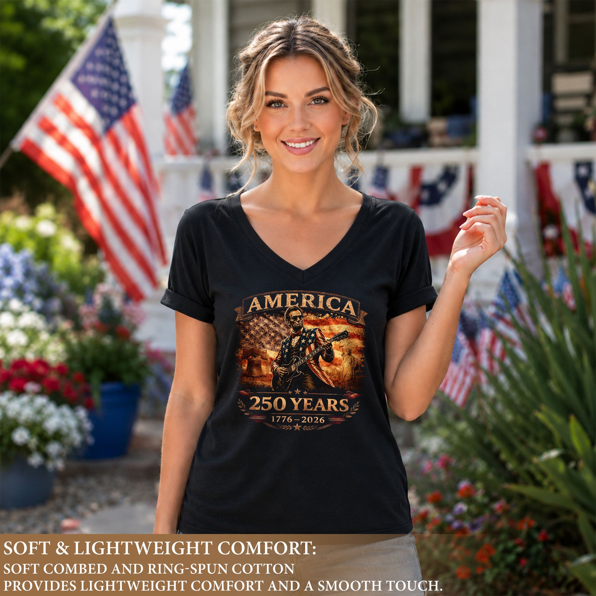Patriotic Lincoln Liberty Bell V-Neck Shirt Vintage 1776-2026 America 250 Years