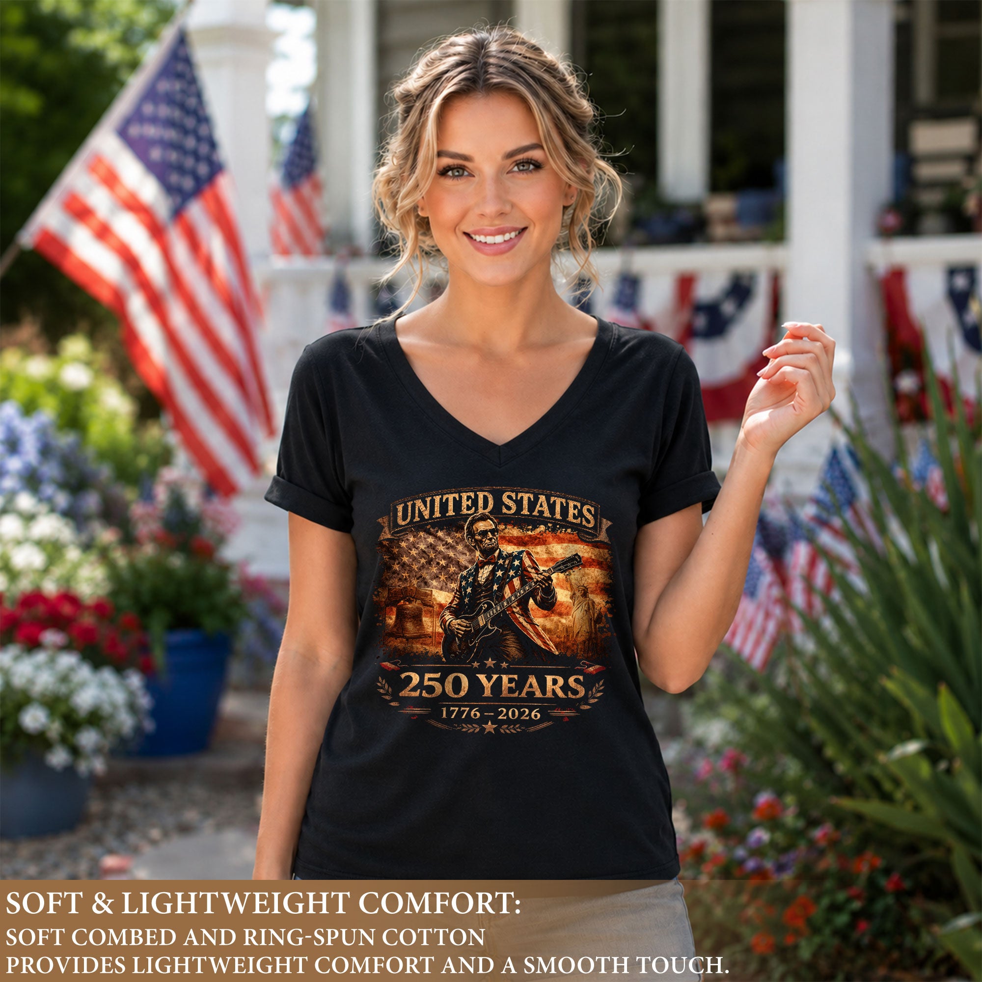 Patriotic Lincoln Liberty Bell V-Neck Shirt Vintage 1776-2026 America 250 Years