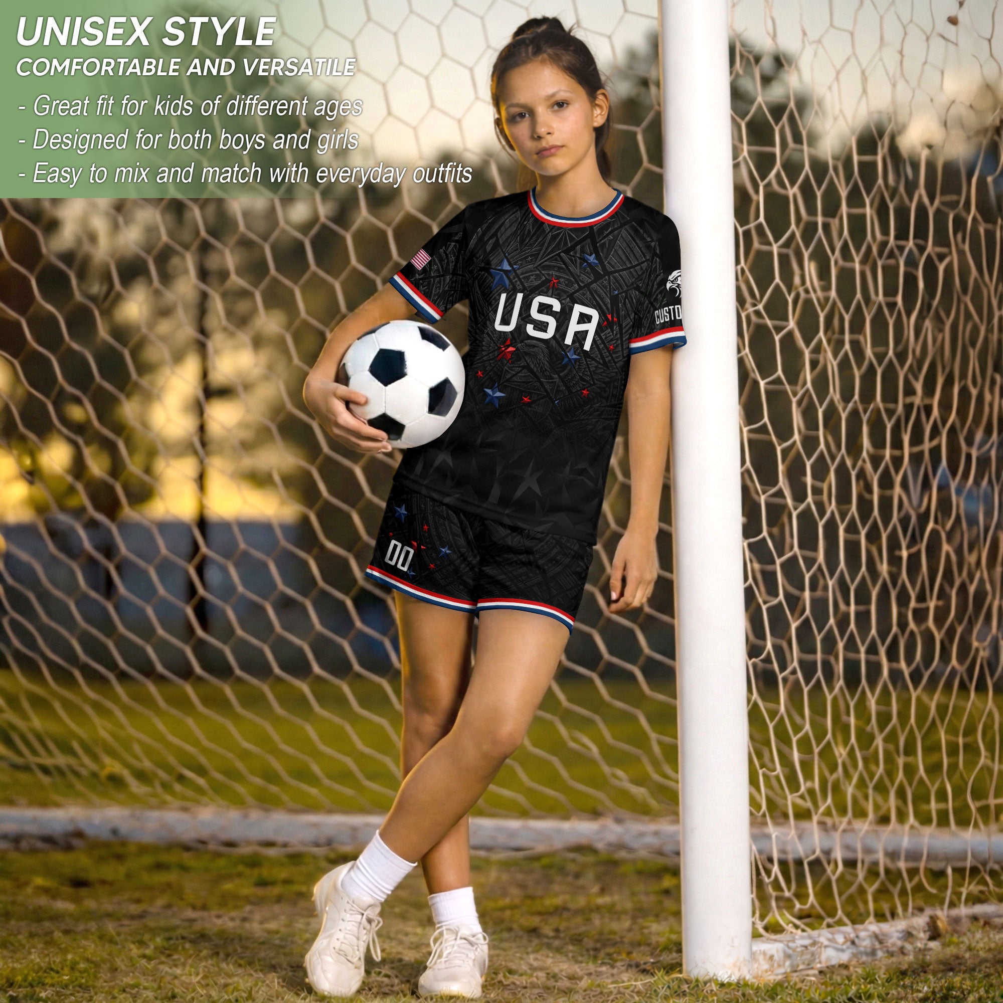 Kids USA Soccer Jersey Black Personalized Youth Patriotic American Football Shirt