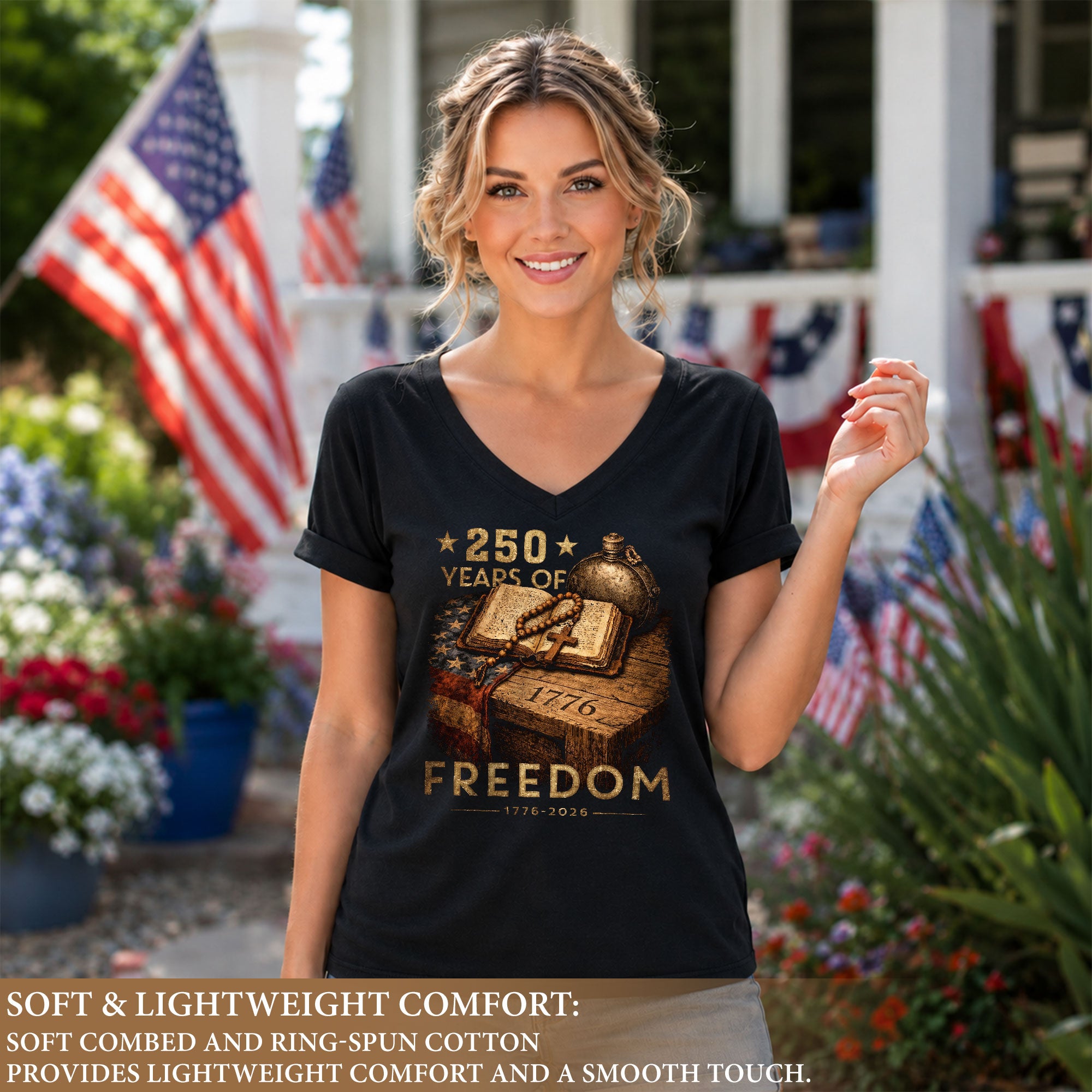 250 Years of Freedom Women's V-Neck T-Shirt 1776-2026 Patriotic Faith Tee - Rust Field Wear