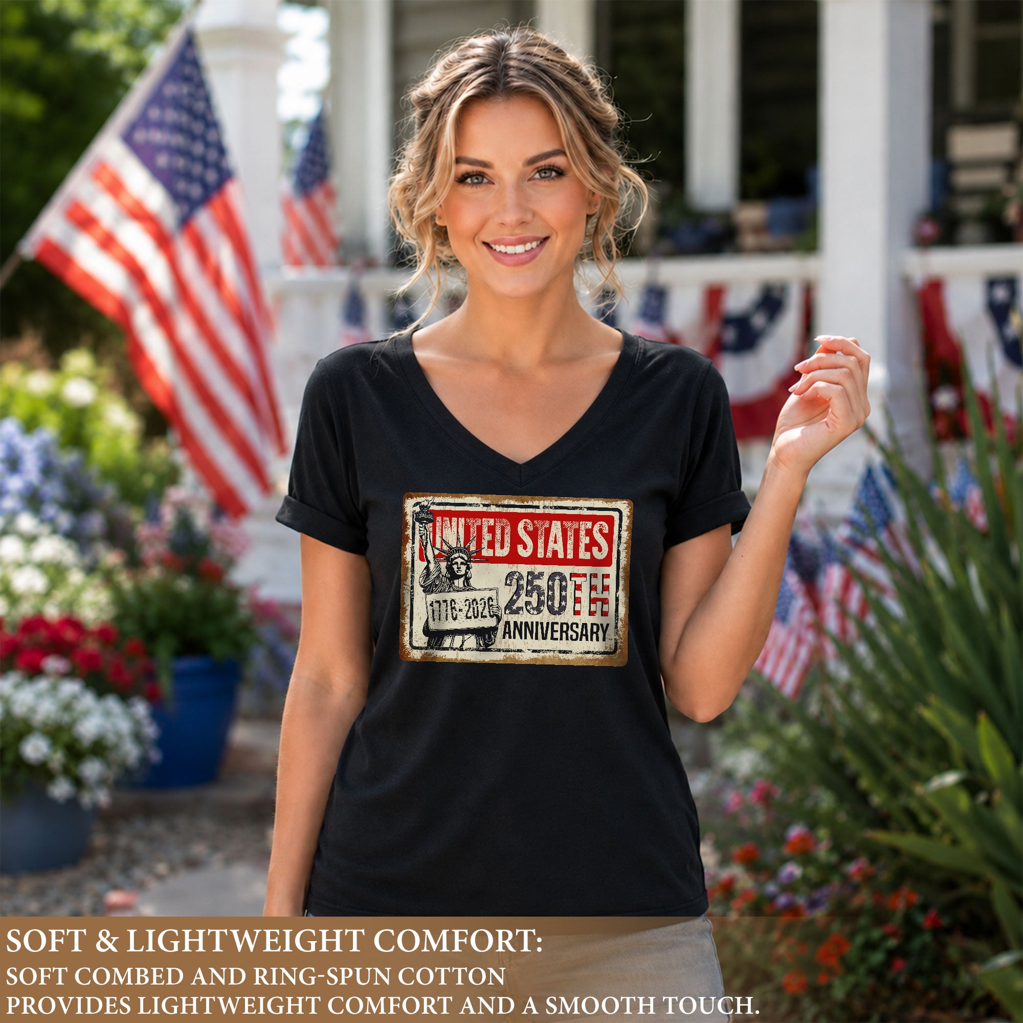 United States 250th Anniversary Women V-Neck T-Shirt 1776-2026 Patriotic Liberty Tee - Rust Field Wear