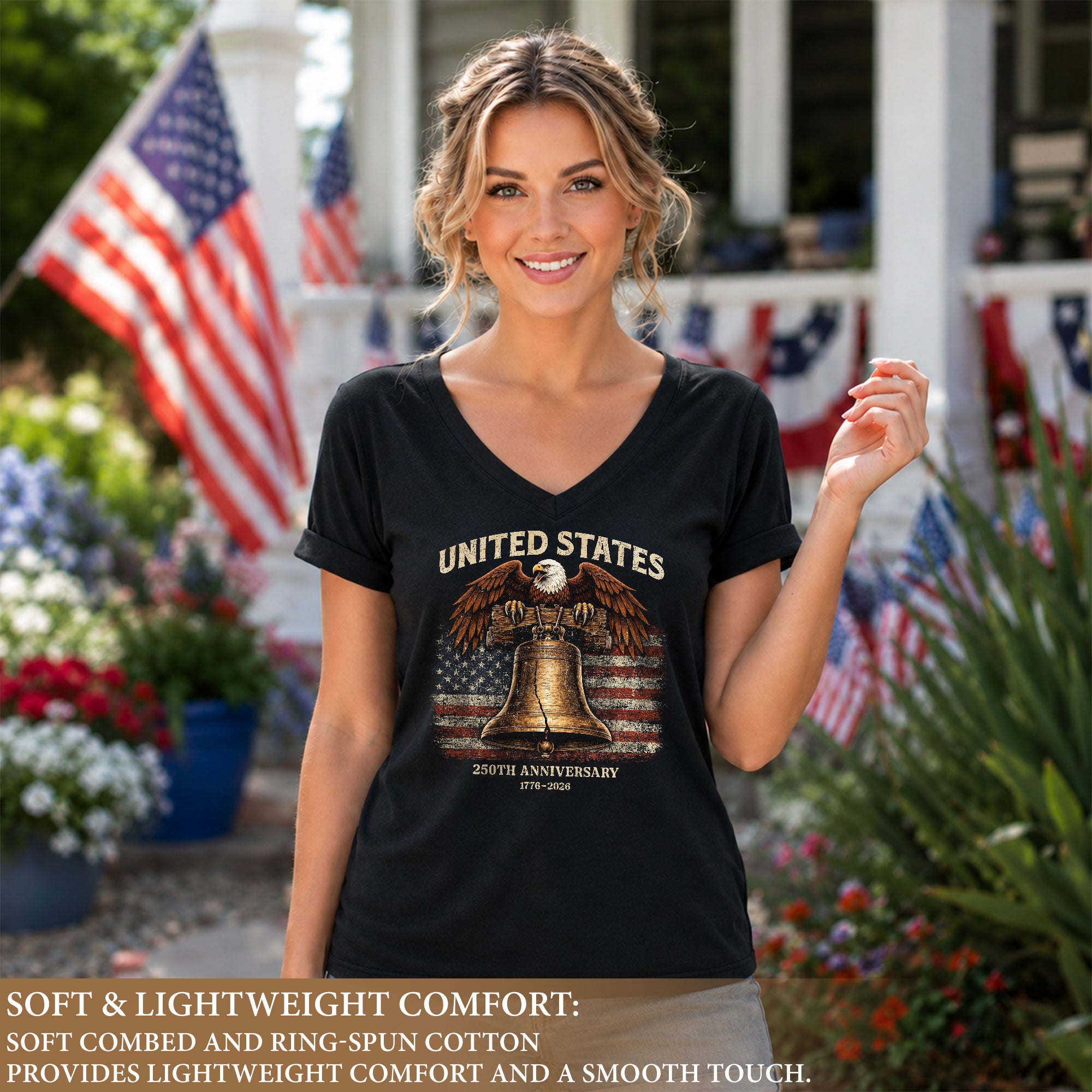 Women's United States 250th Anniversary V-Neck Shirt Eagle Liberty Bell Freedom Tee - Rust Field Wear