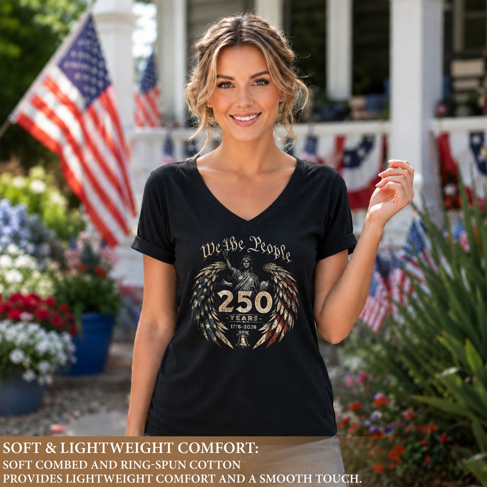 Women's Statue of Liberty V-Neck T-Shirt 250 Years Patriotic Freedom Anniversary Tee - Rust Field Wear