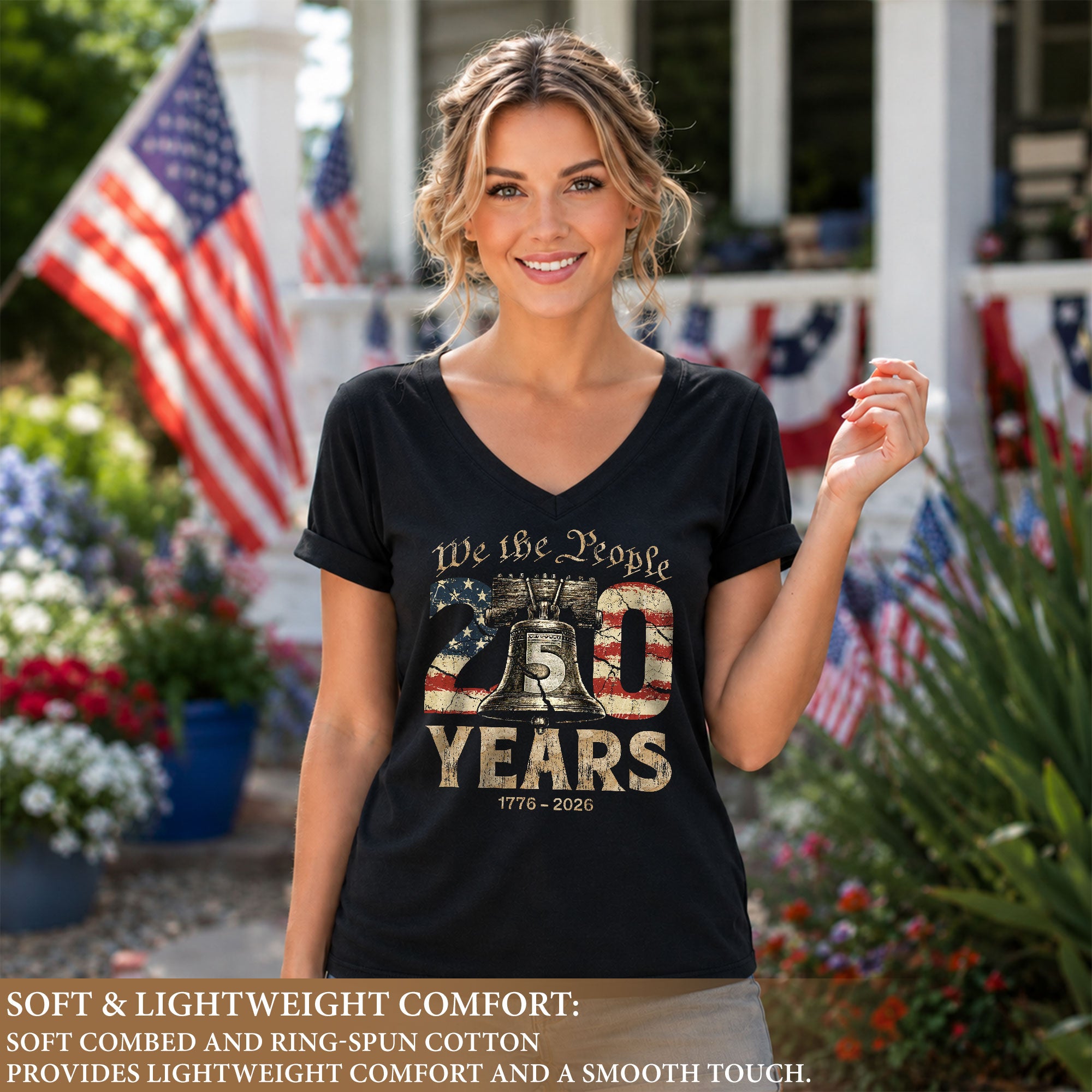 Women's Patriotic Heritage V-Neck Shirt We The People 250 Years Freedom Tee - Rust Field Wear