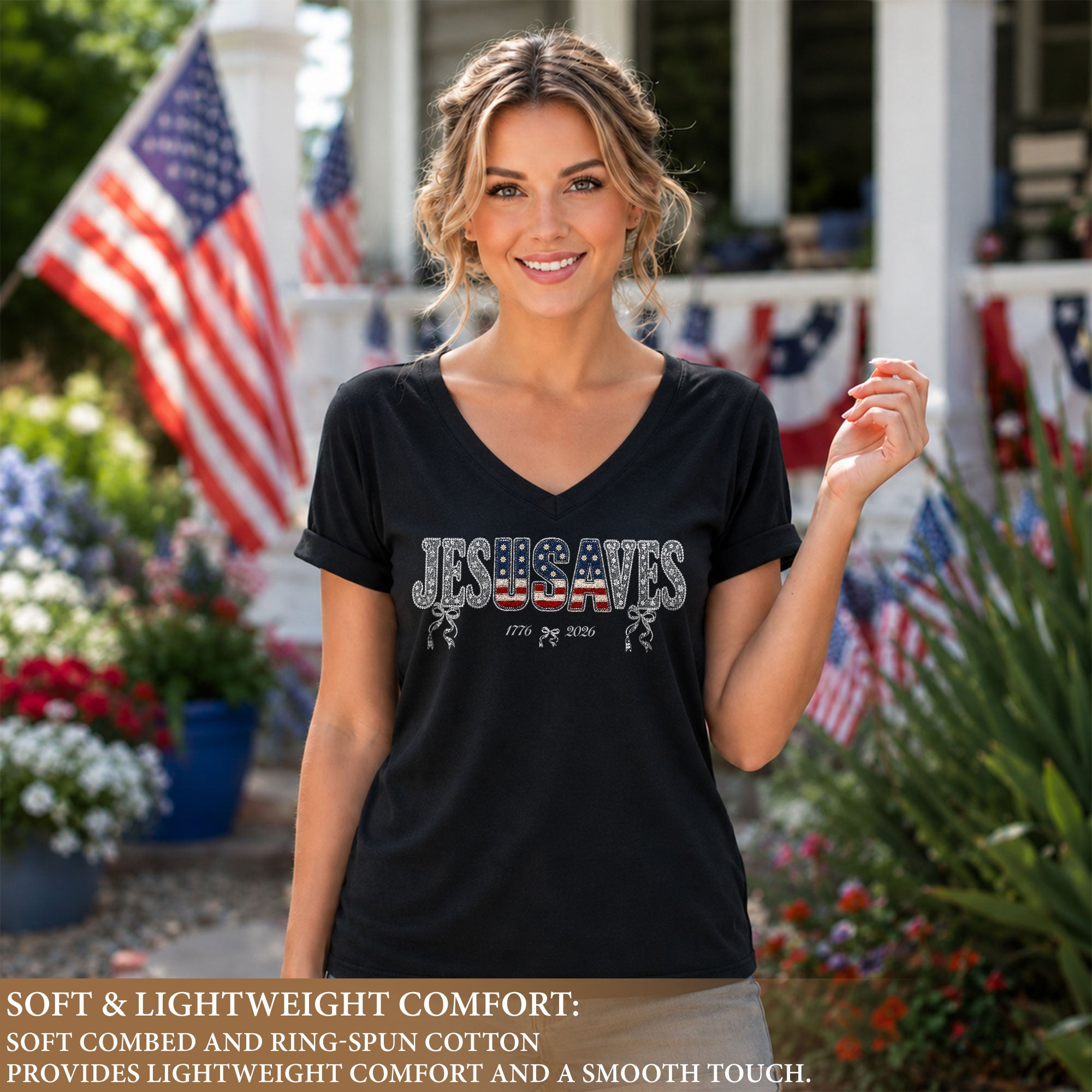 Jesus Saves Patriotic V-Neck Tee - 1776-2026 American Faith & Freedom Graphic Cotton Shirt