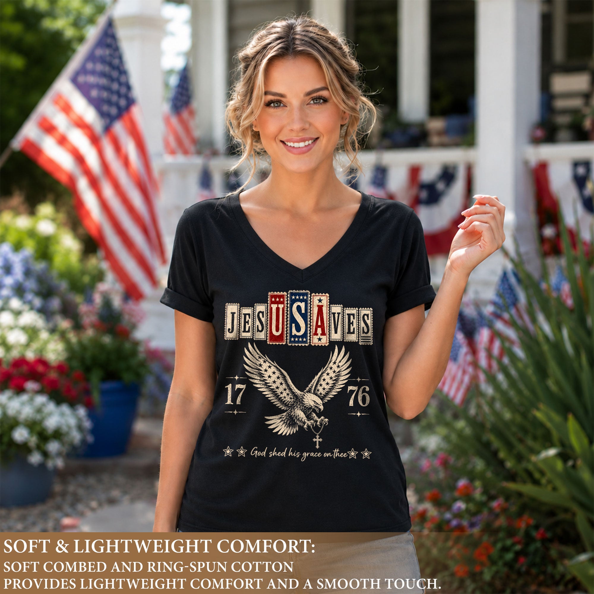 Jesus Saves Patriotic V-Neck Tee - Eagle & Cross 1776 American Heritage Graphic Cotton Shirt