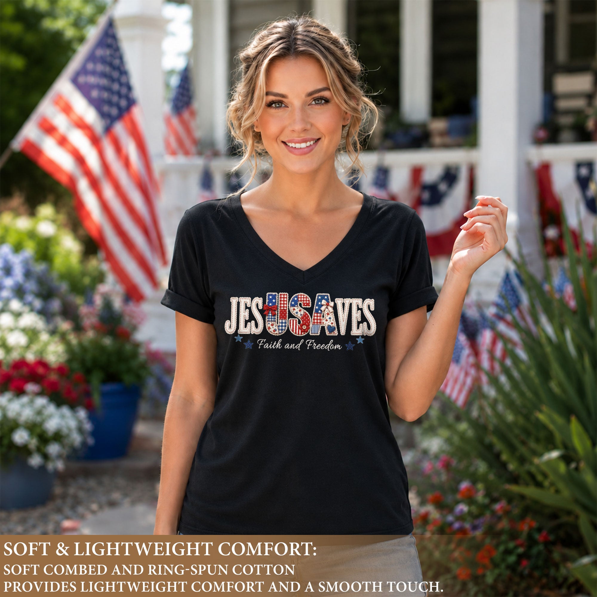 Jesus Saves Faith and Freedom V-Neck Tee - Patriotic Quilt Style Graphic Cotton Apparel