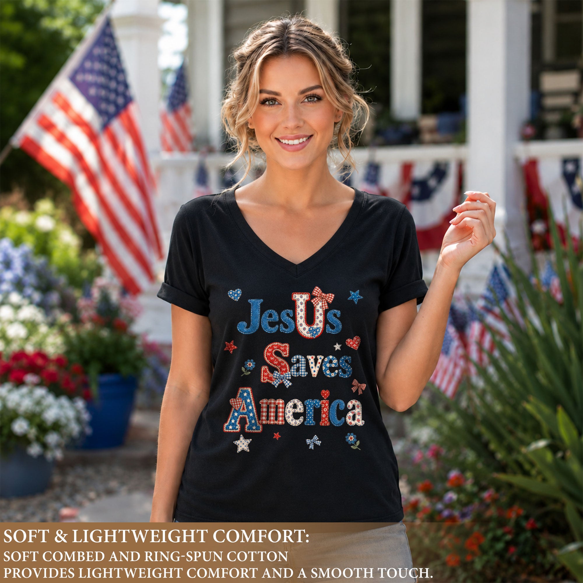 Jesus Saves America V-Neck Tee - Patriotic Patchwork Graphic Heritage 1776-2026 Cotton Shirt