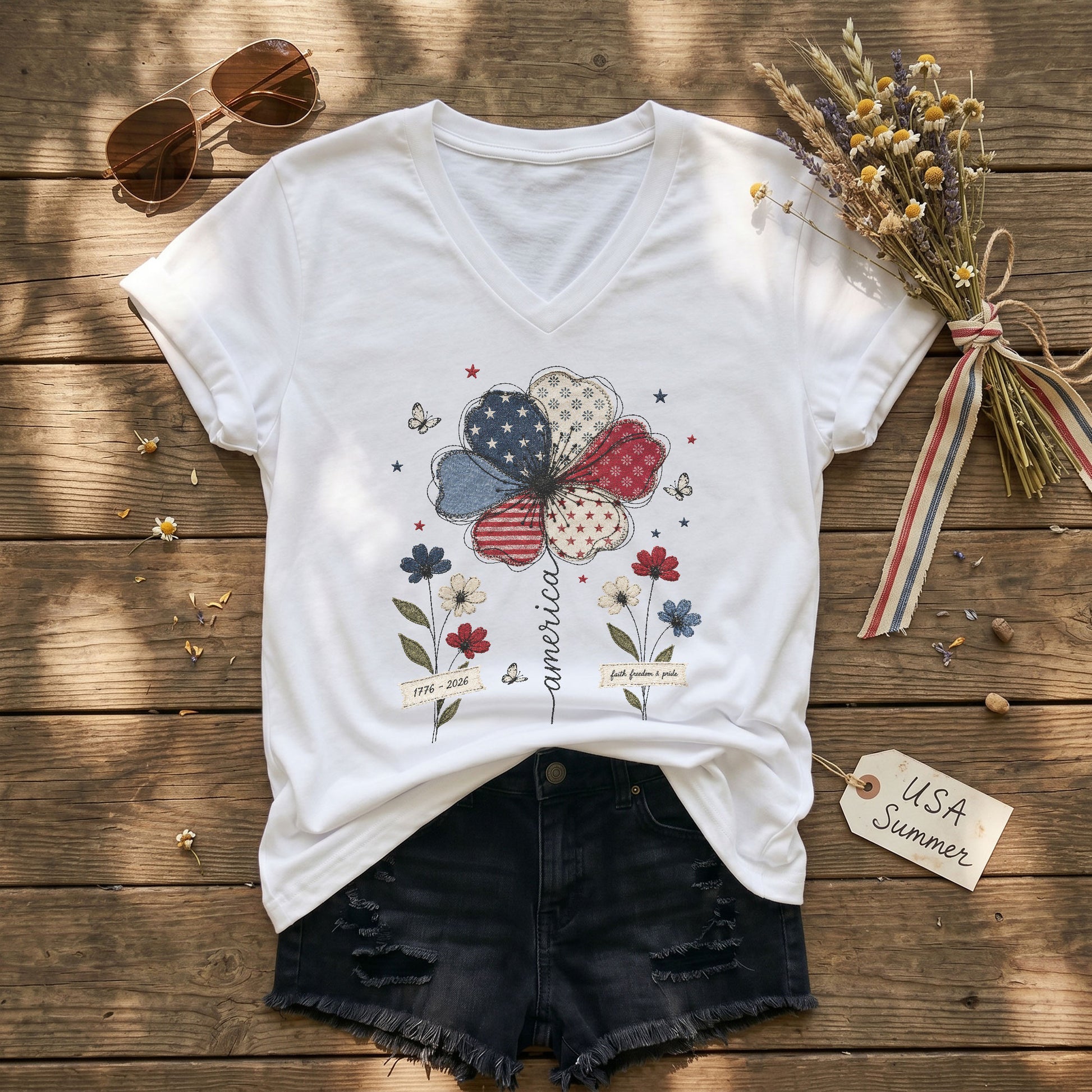 Patriotic V-Neck T-Shirt – Vintage Floral 1776-2026 Anniversary Graphic Tee for Women - Rust Field Wear