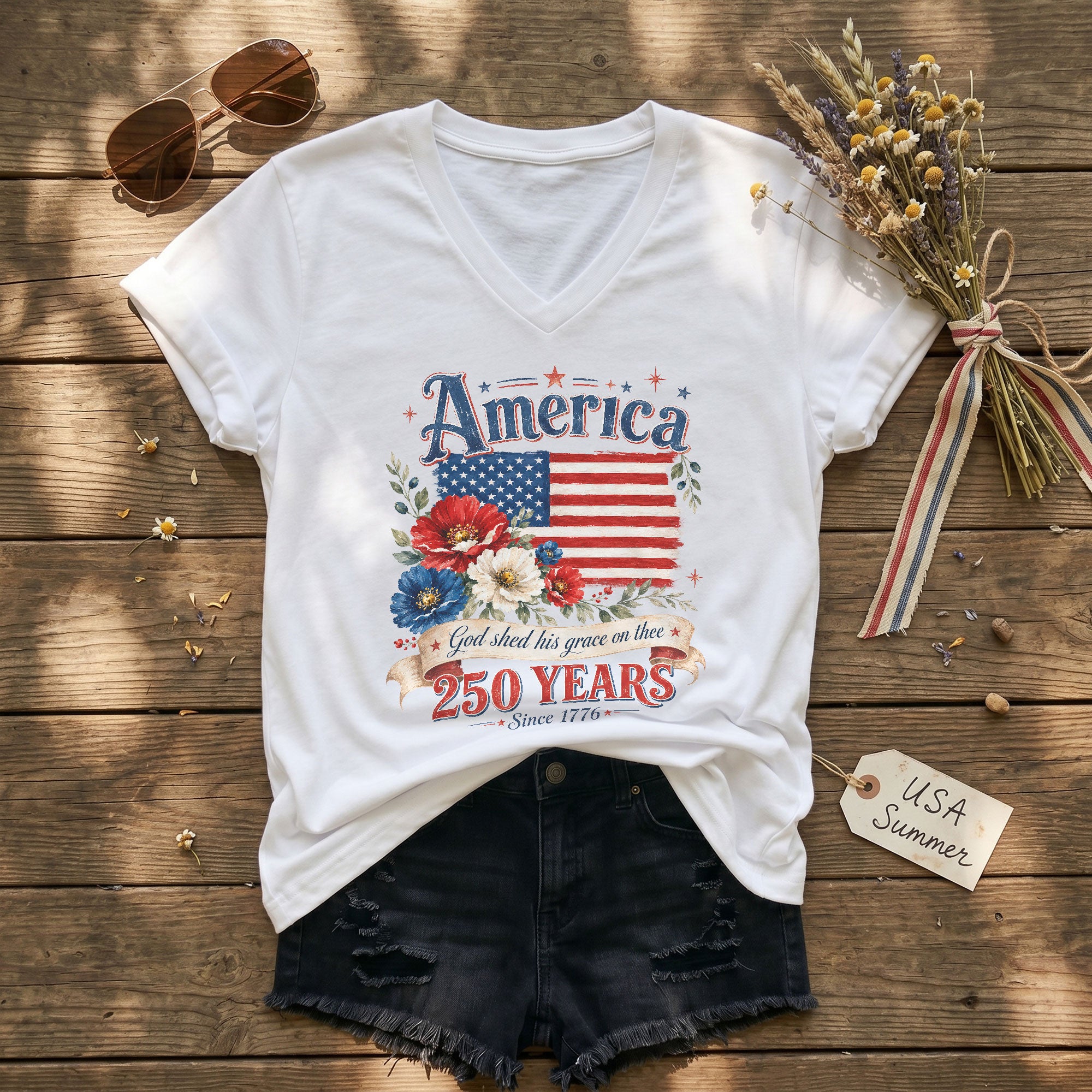 250 Years Since 1776 V-Neck T-Shirt – God Shed His Grace on Thee Patriotic Graphic - Rust Field Wear