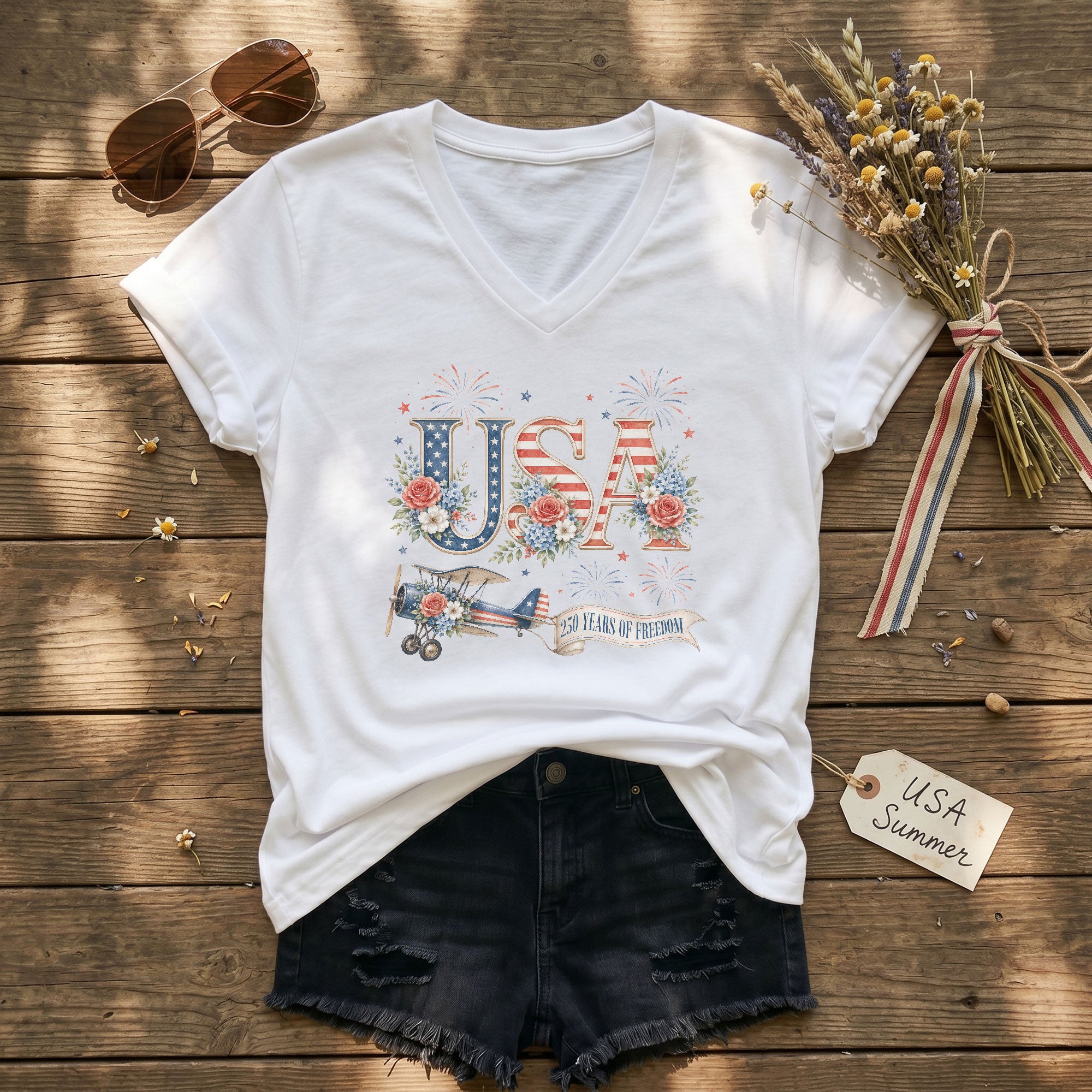 Floral USA 250 Years of Freedom V-Neck Tee – Patriotic Women's Anniversary Graphic - Rust Field Wear
