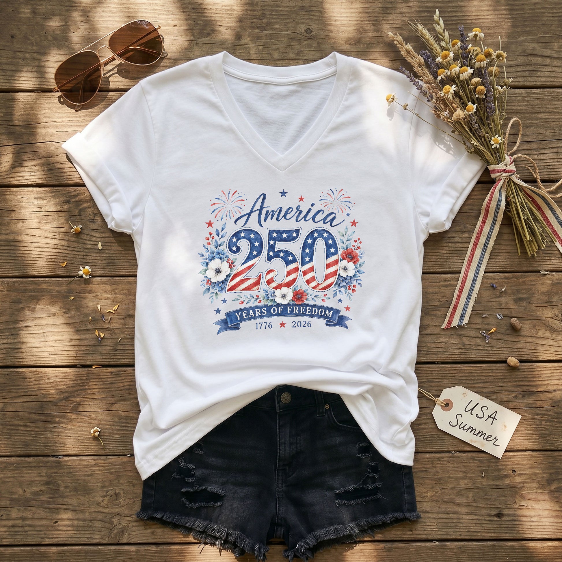 1776-2026 Floral V-Neck T-Shirt – Patriotic Years of Freedom Anniversary Tee - Rust Field Wear