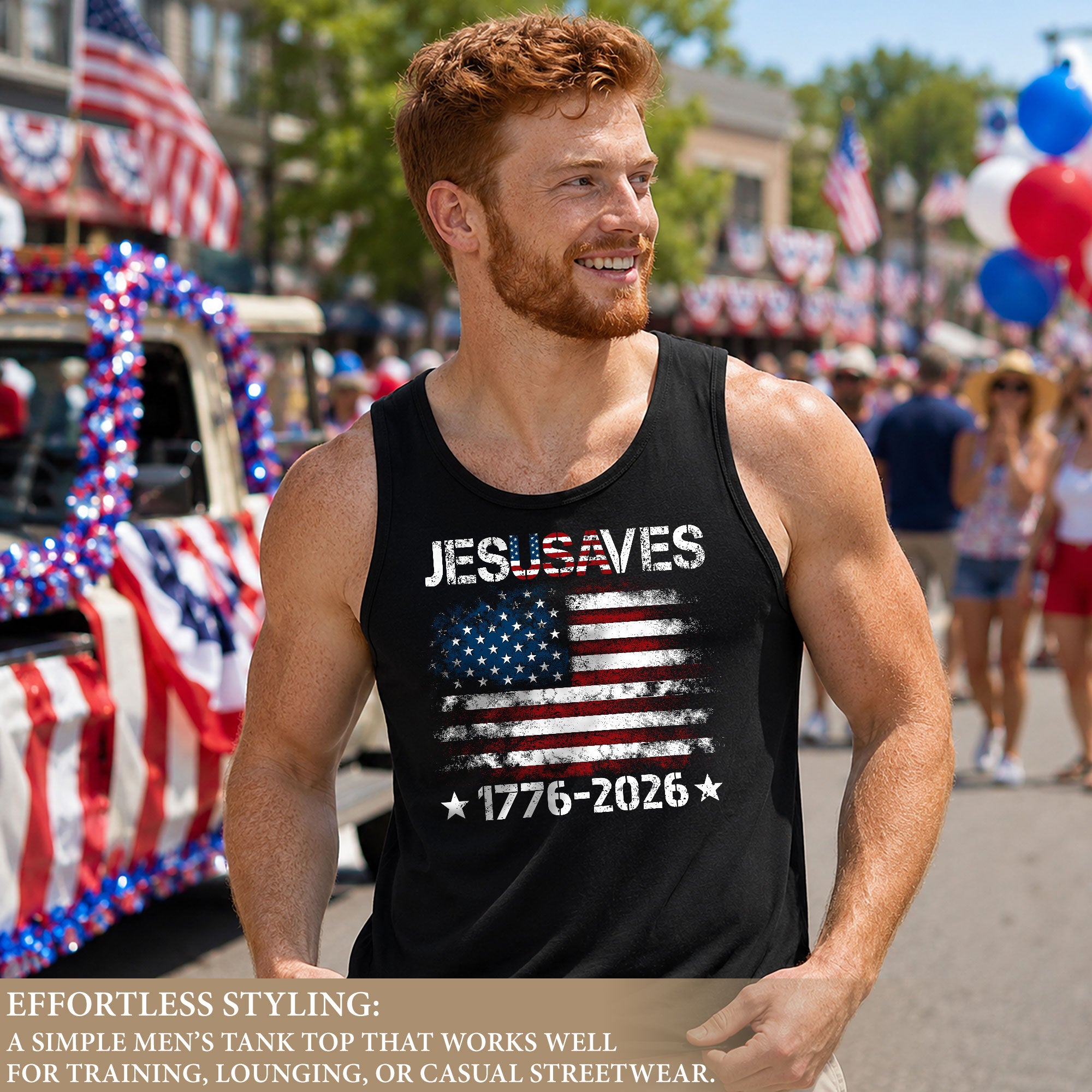 Men's Patriotic JESUSAVES 1776-2026 Tank Top - Faith Graphic Sleeveless Shirt