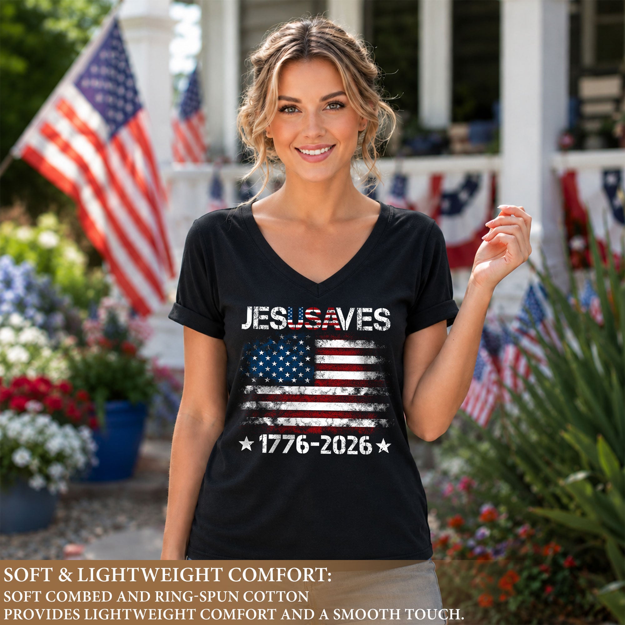 Women's Flag JESUSAVES 1776-2026 V-Neck Tee - Patriotic Graphic Summer Item