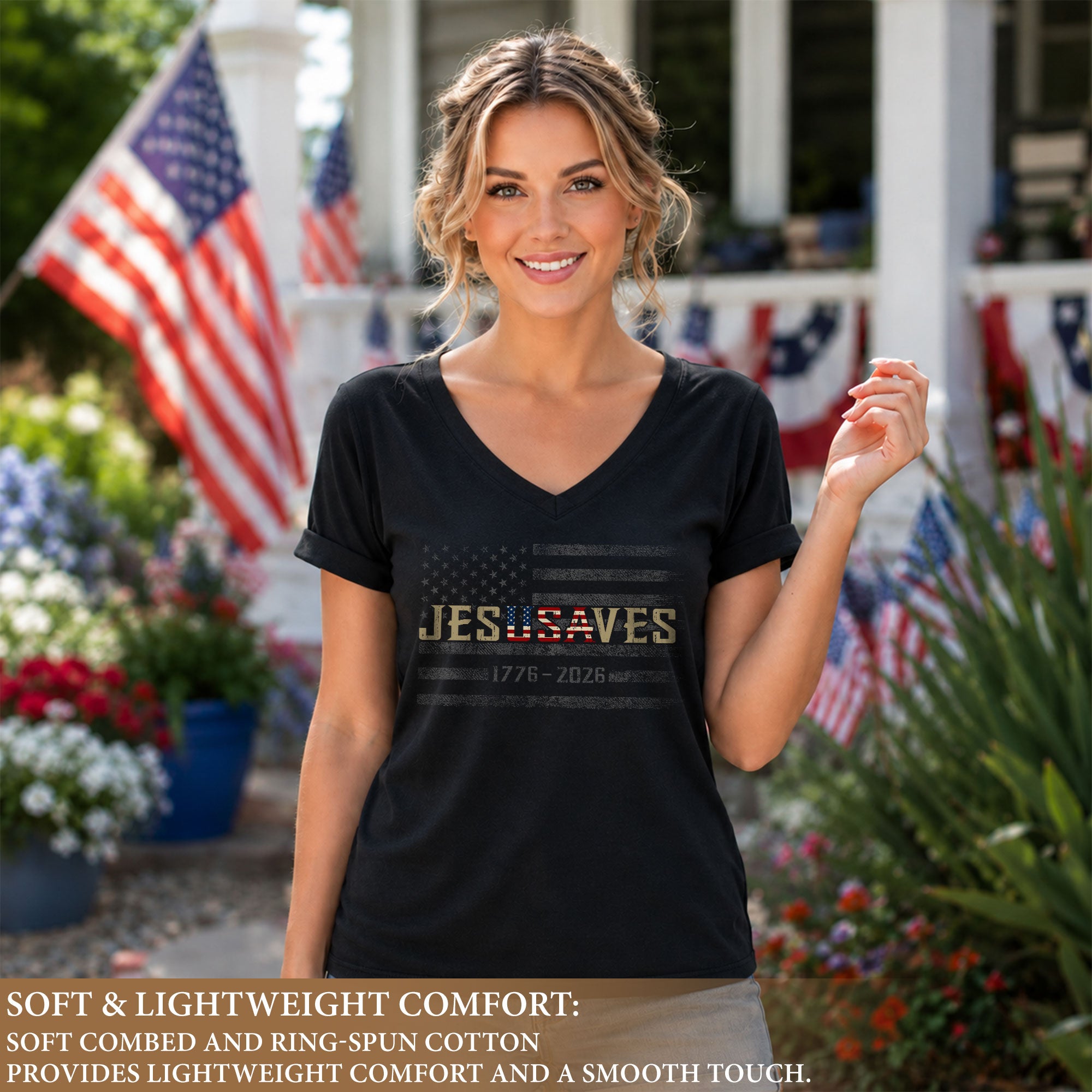 Faith & Freedom 1776-2026 V-Neck - Women's JESUSAVES Graphic Casual Shirt