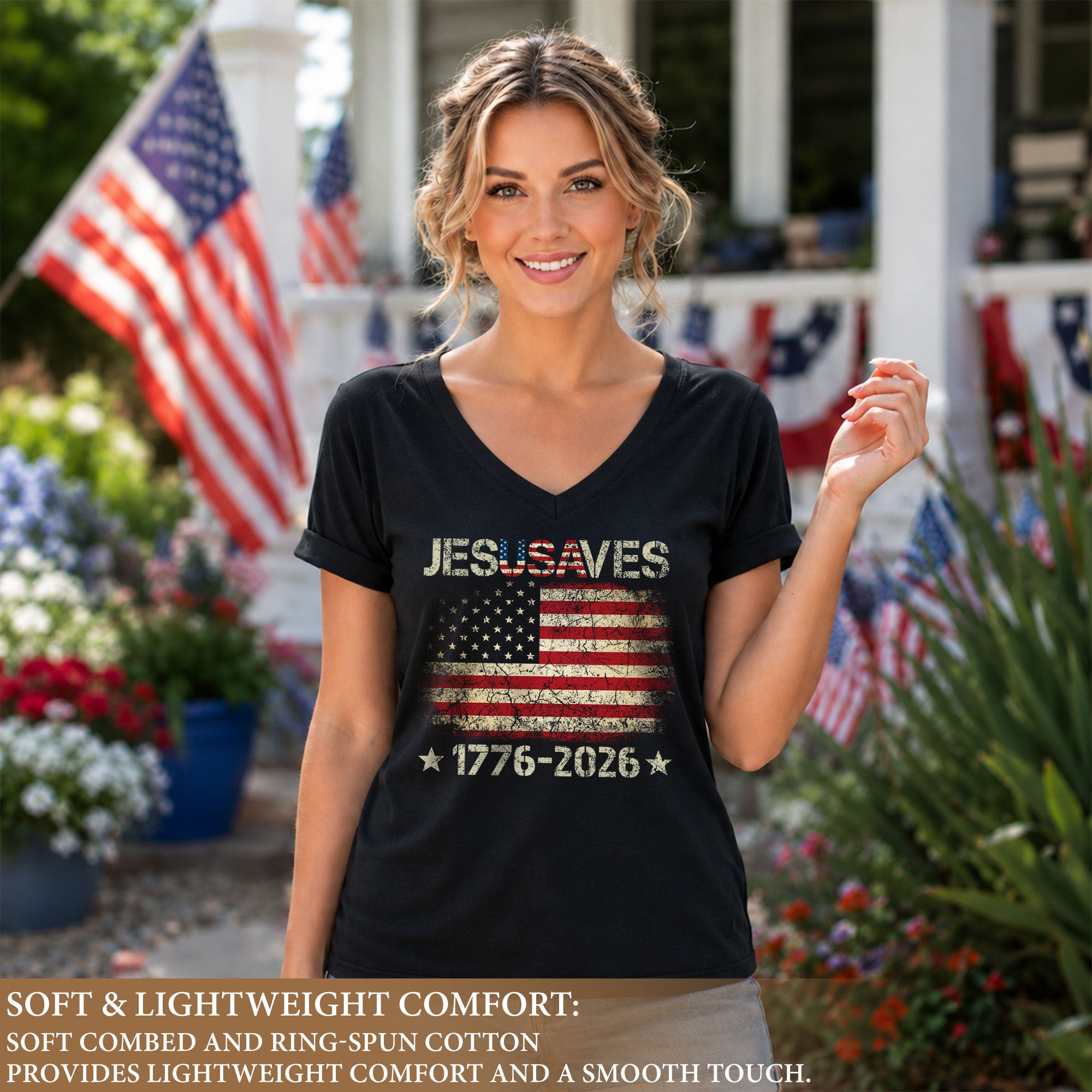 Women's JESUSAVES 1776-2026 V-Neck Tee - Patriotic Faith Graphic Summer Shirt