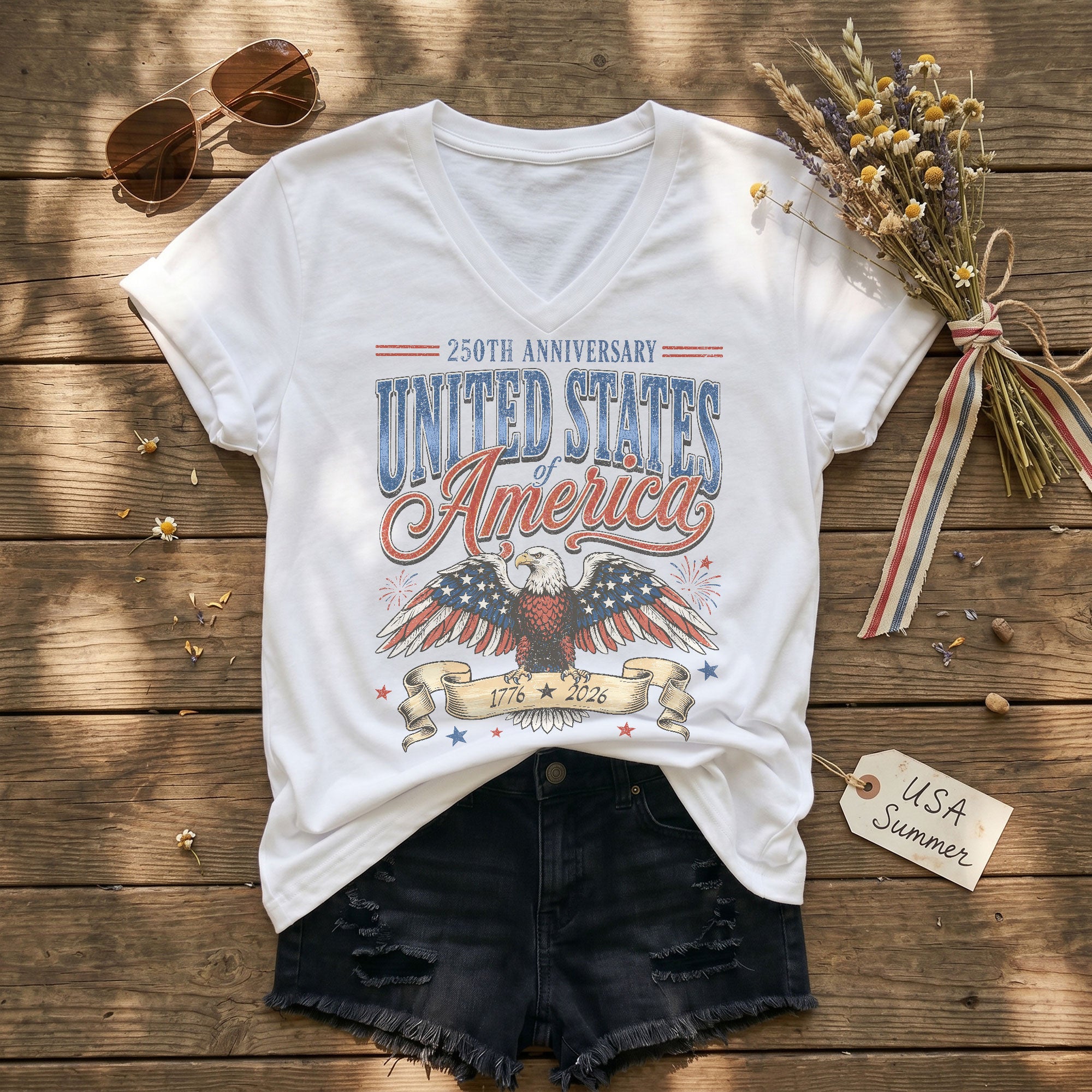 250th Anniversary United States Of America V-Neck Tee Patriotic Women's Holiday Shirt - Rust Field Wear
