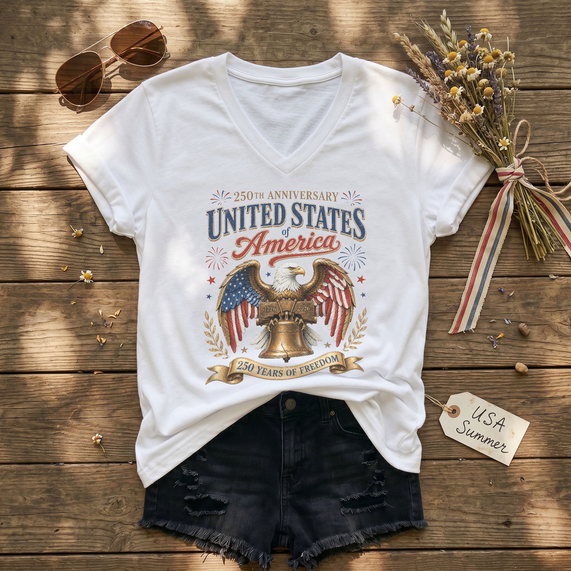 Patriotic 250th Anniversary V-Neck T-Shirt United States Of America Freedom Graphic