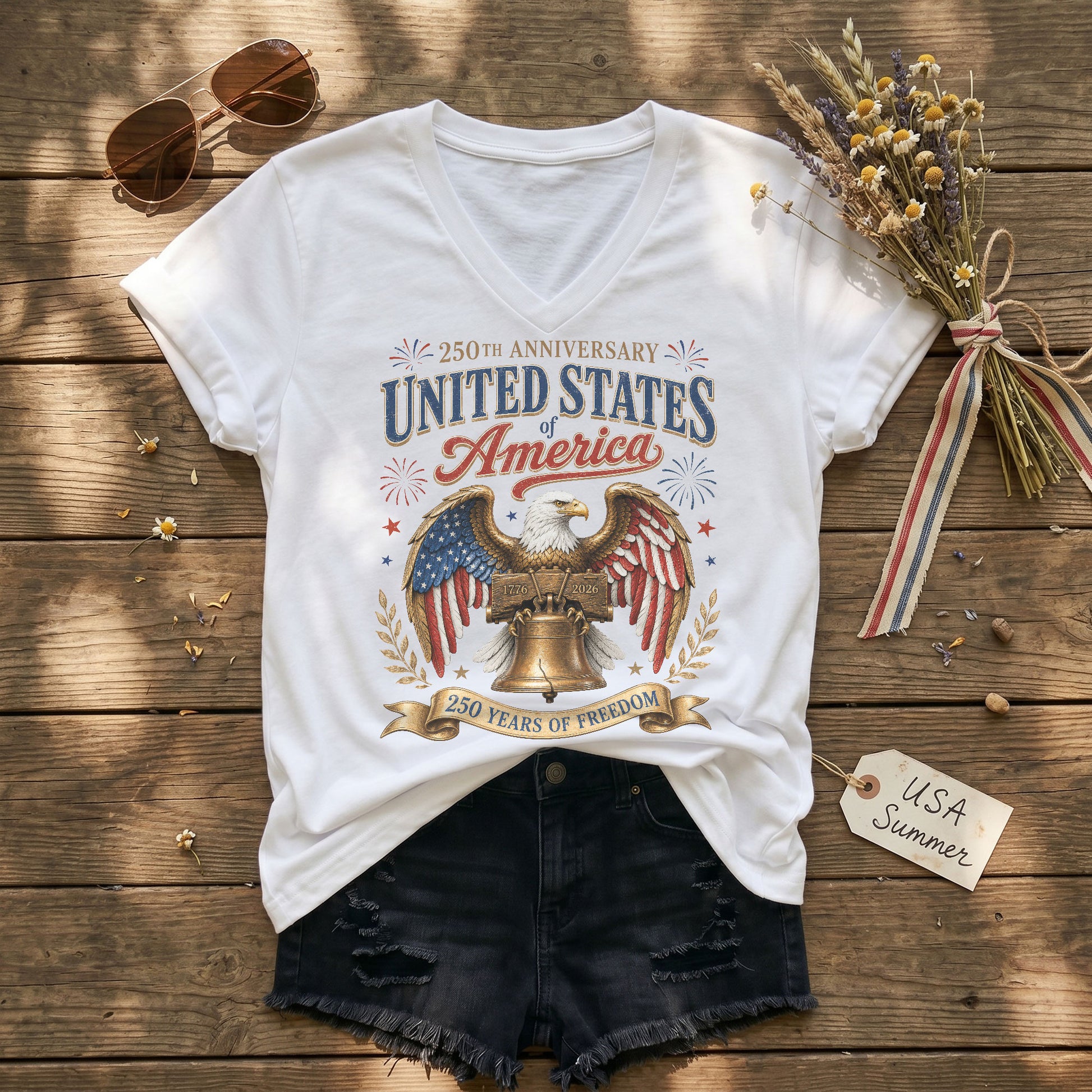Patriotic 250th Anniversary V-Neck T-Shirt United States Of America Freedom Graphic - Rust Field Wear
