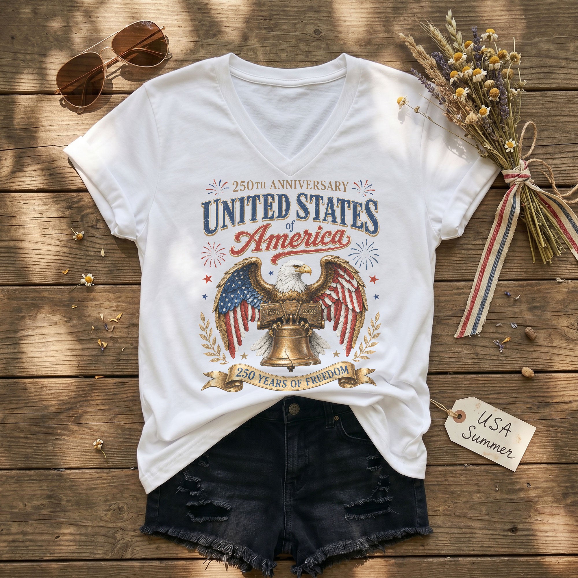 Patriotic 250th Anniversary V-Neck T-Shirt United States Of America Freedom Graphic - Rust Field Wear