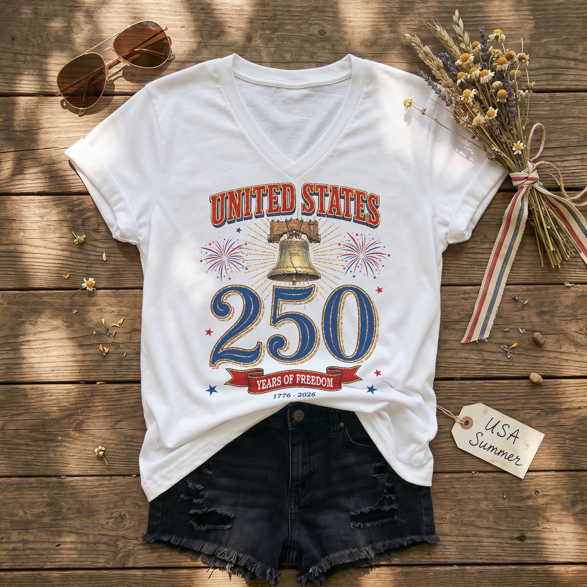 Women's V-Neck Graphic Top United States 250 Years Anniversary Celebration Tee - Rust Field Wear