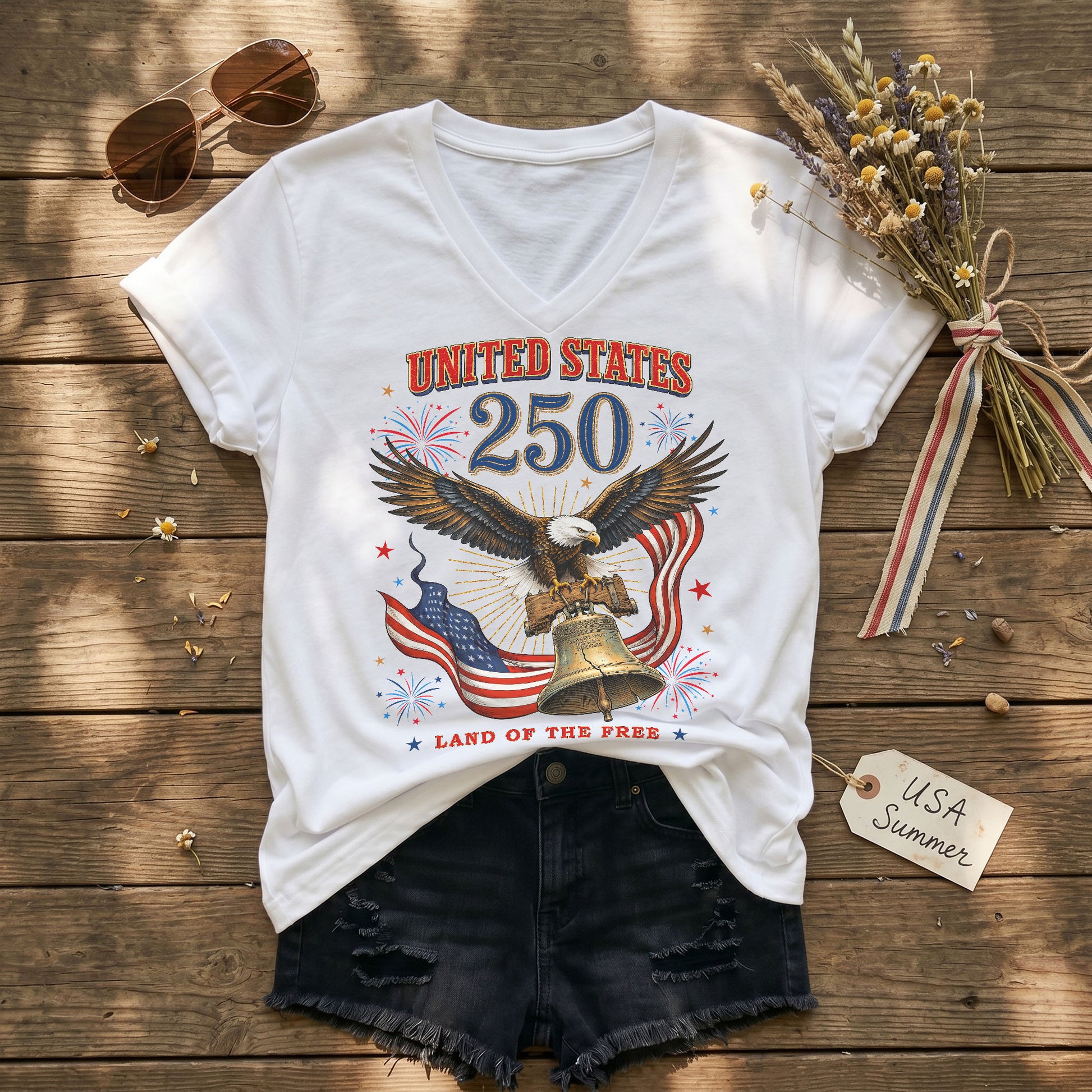 Historical United States 250th Anniversary V-Neck Shirt Patriotic Holiday Wear Tee - Rust Field Wear