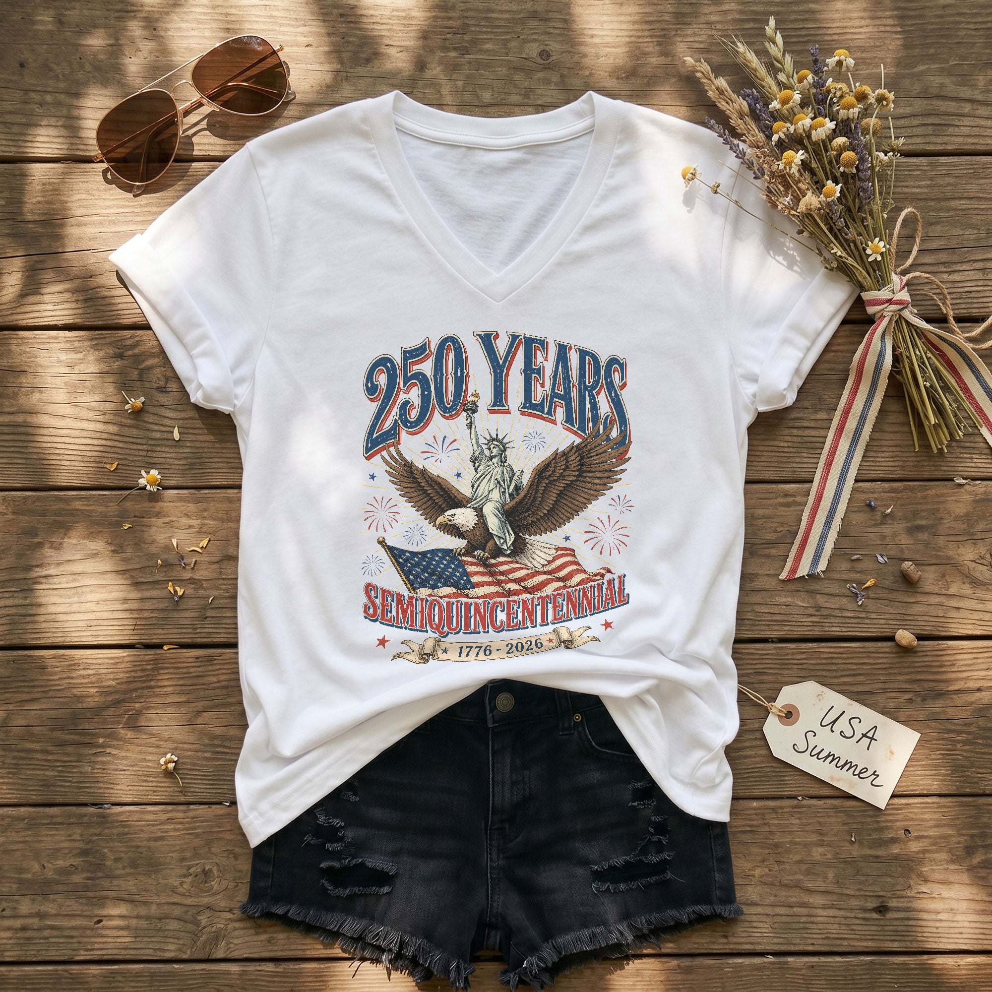Patriotic United States 250 Years Anniversary V-Neck Tee Holiday Graphic Shirt Apparel