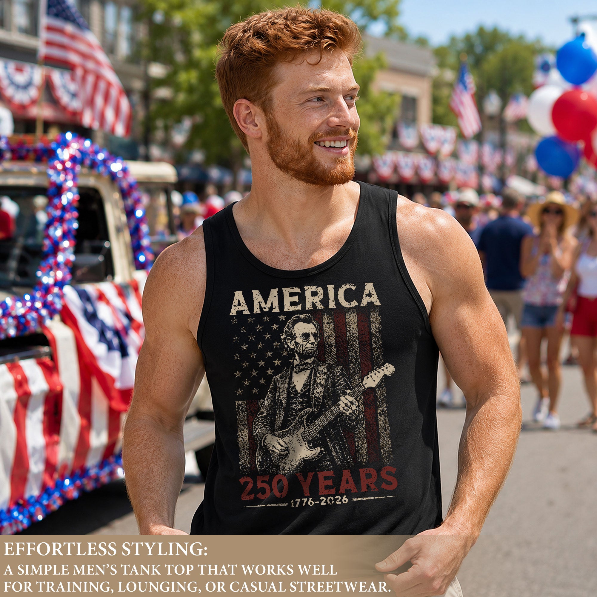 Abraham Lincoln Guitar Men Tank Top - Patriotic 1776 2026 Distressed US Flag Mens Shirt