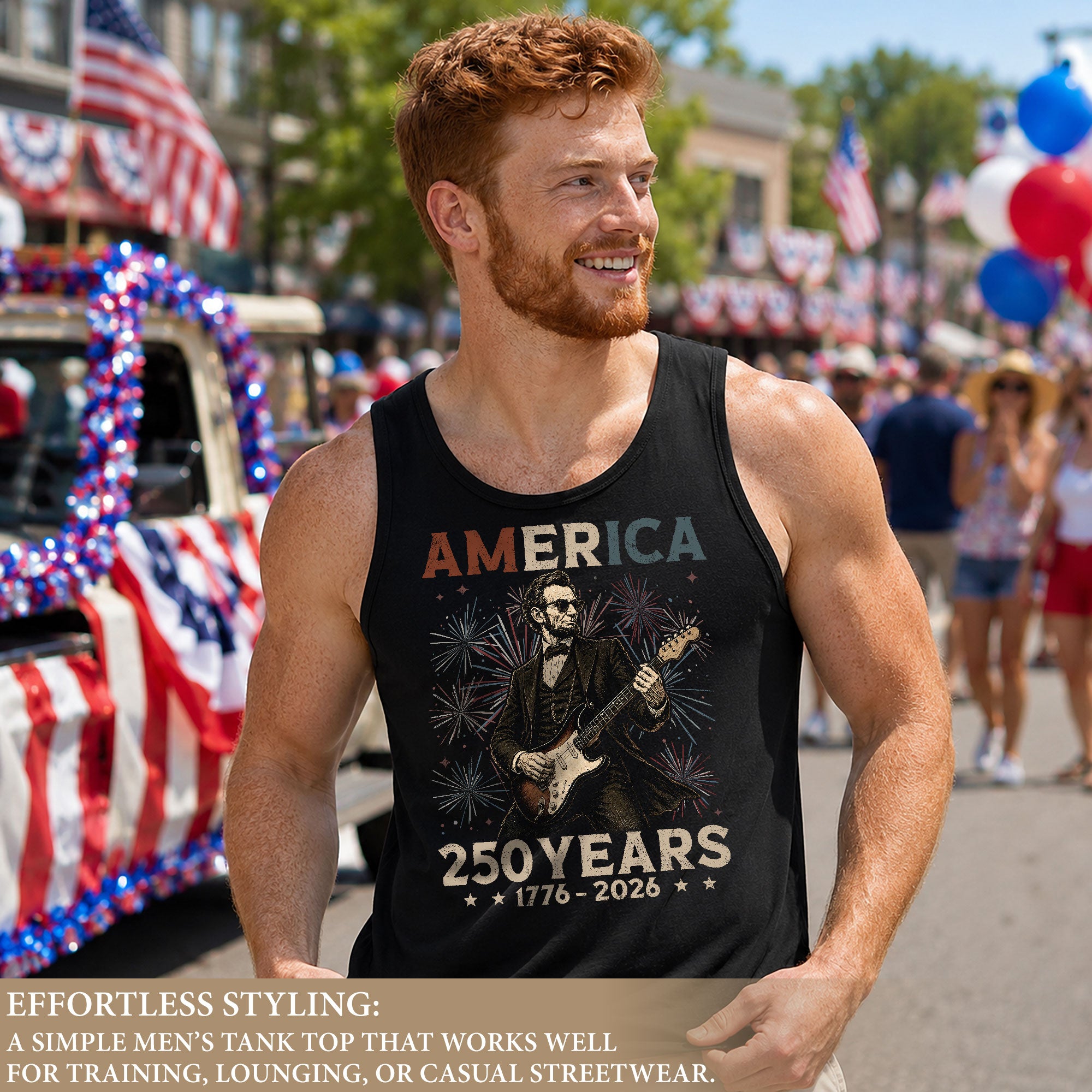Rockstar Lincoln Fireworks Men Tank Top - Patriotic 1776 2026 Guitar Vintage Gym Shirt