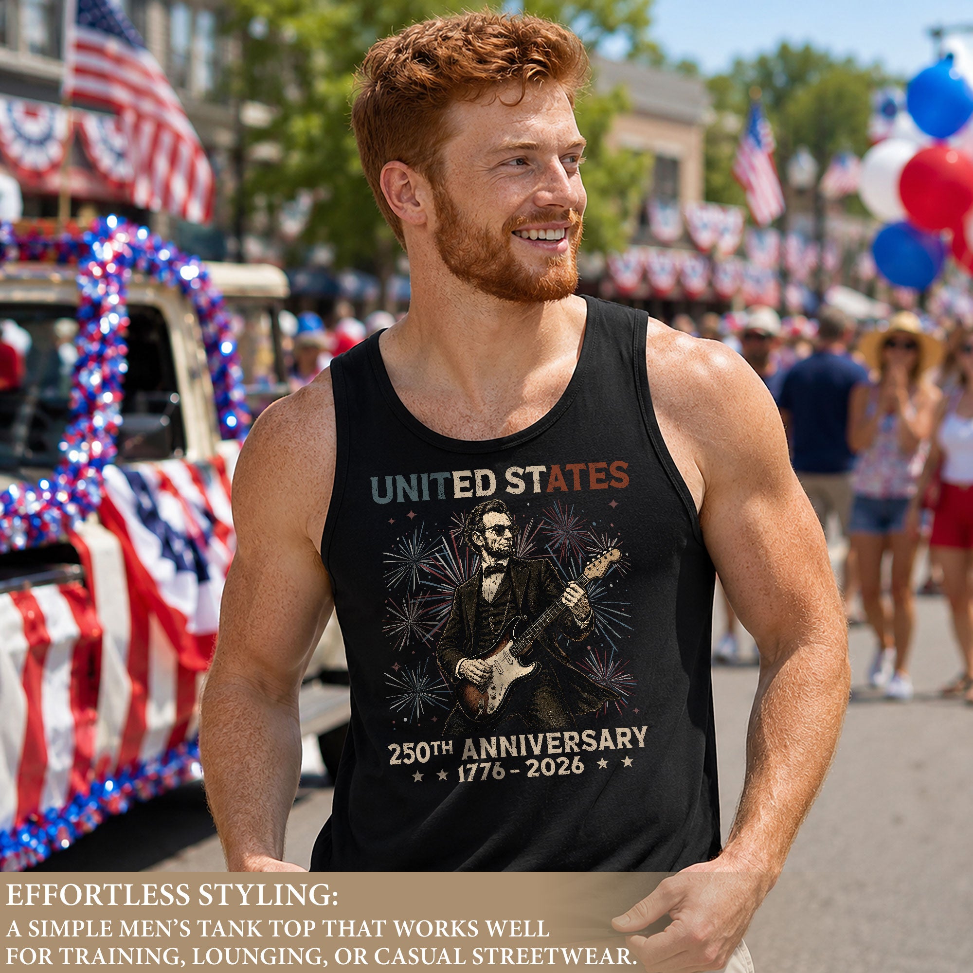 Rockstar Lincoln Fireworks Men Tank Top - Patriotic 1776 2026 Guitar Vintage Gym Shirt - Rust Field Wear