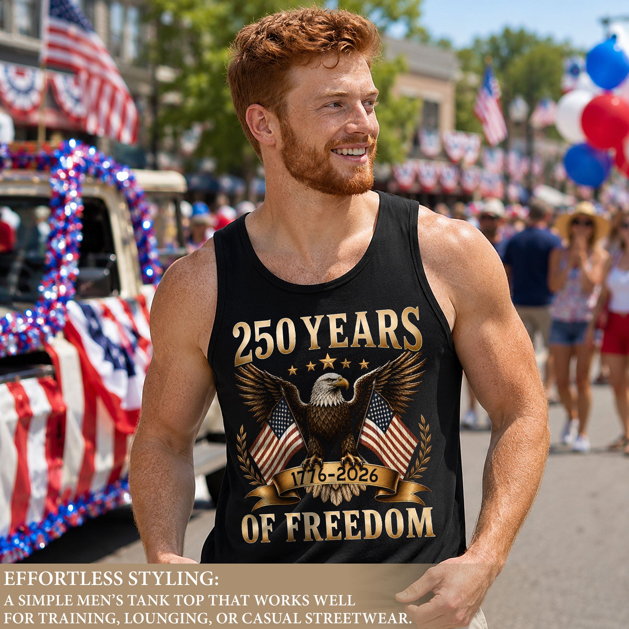 Men Tank Top 250 Years of Freedom Shirt 1776 2026 Gold Eagle Patriotic US Flag Tee