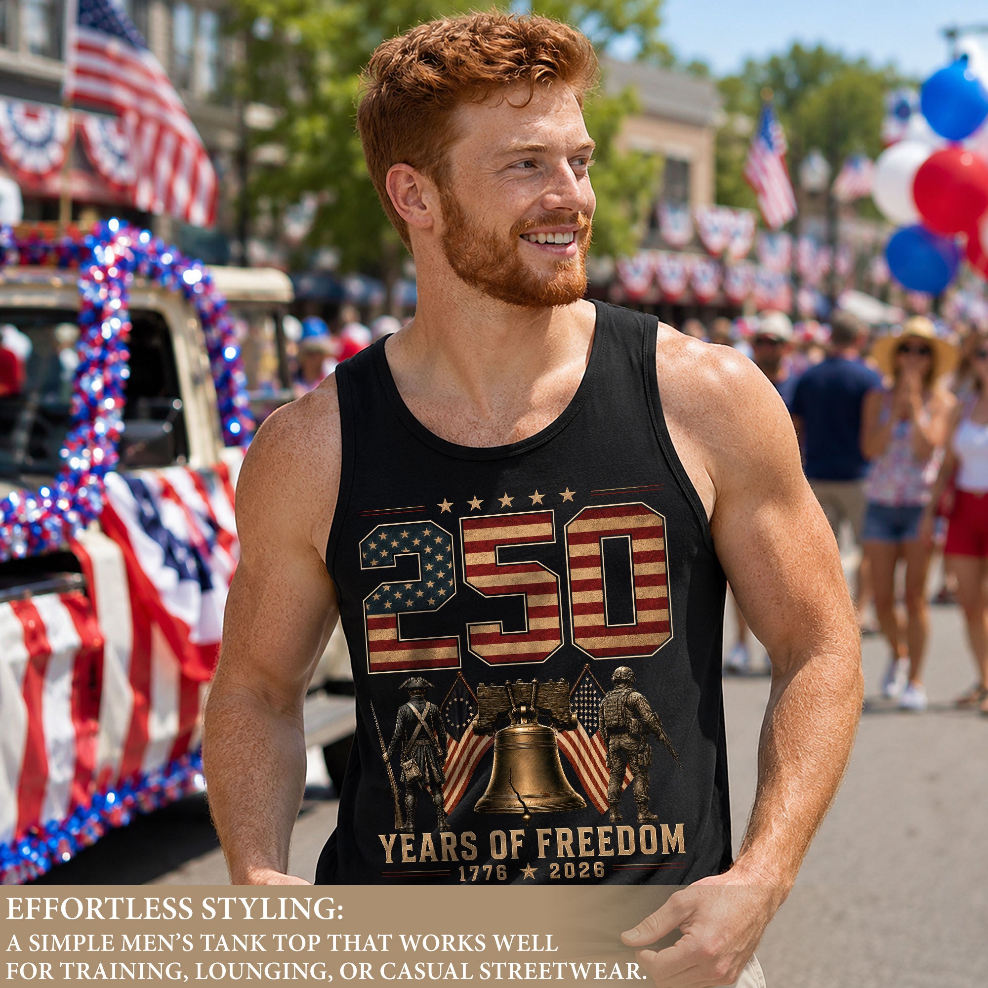 Men Tank Top 250 Years of Freedom Shirt 1776 2026 Liberty Bell Patriotic Soldier Tee