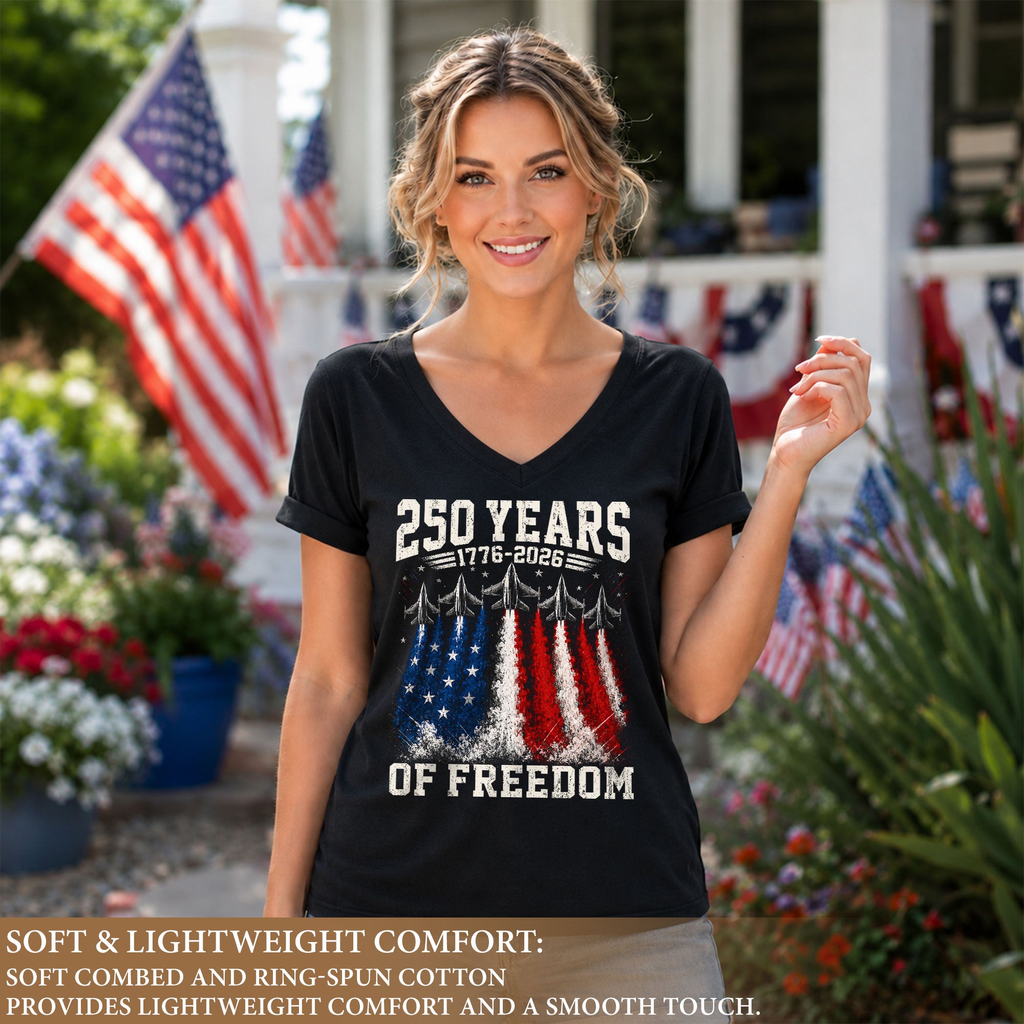 Women V Neck 250 Years of Freedom Shirt 1776 2026 Fighter Jet Patriotic Graphic Tee